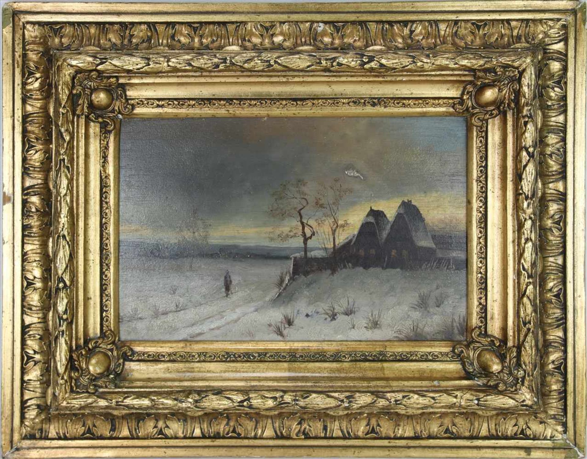 Unbekannter KünstlerWohl deutsch, 19. Jahrhundert. Winterlandschaft. Öl auf Platte. Verso - Bild 2 aus 6