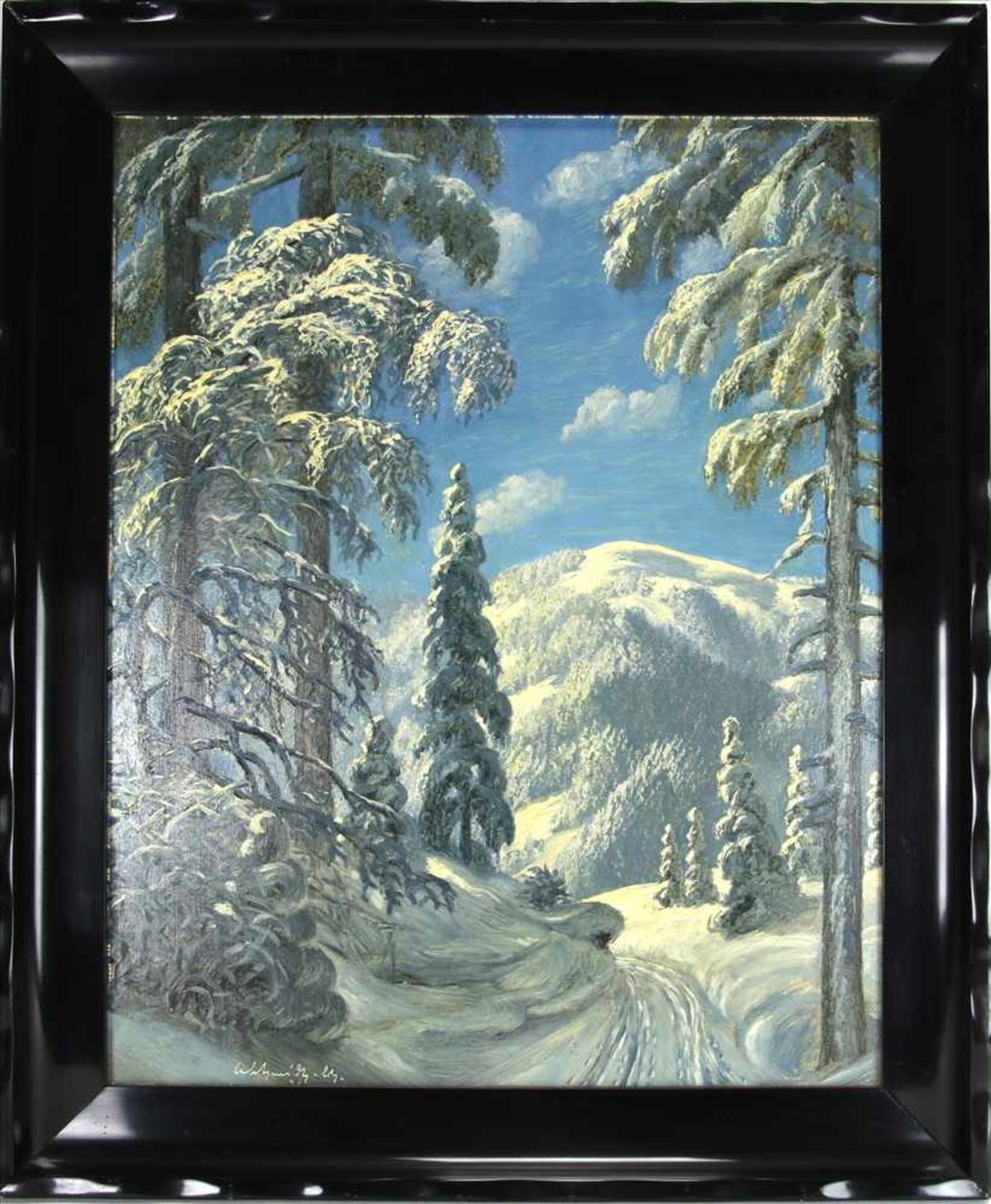 SchwarzwaldmalerFuhrwerkspuren im sonnigen Winterwald. Öl auf Schmincke Karton. Unten links - Bild 2 aus 6