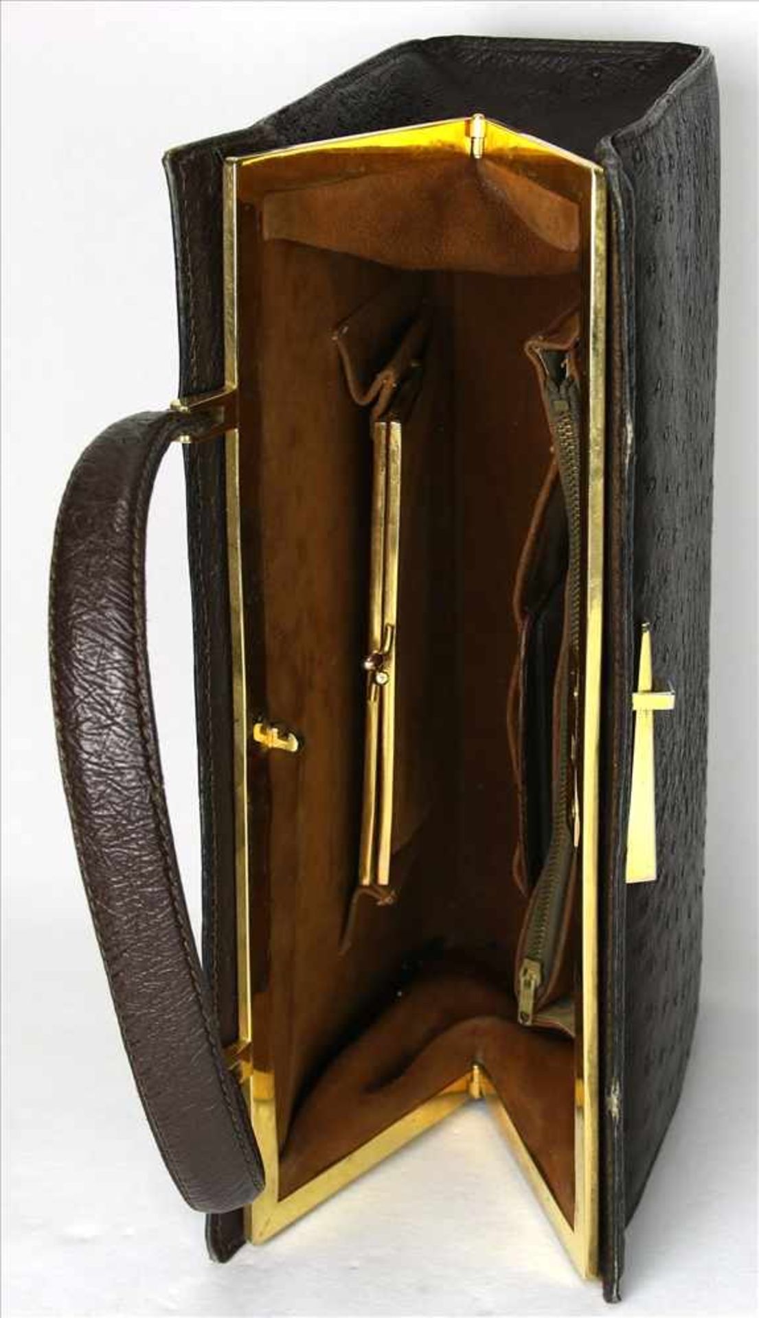 Vintage Handtasche1970-er Jahre. Straußenleder. Größe ca. 31 x 10 cm, Höhe ca. 20 cm ohne Henkel. - Bild 3 aus 3