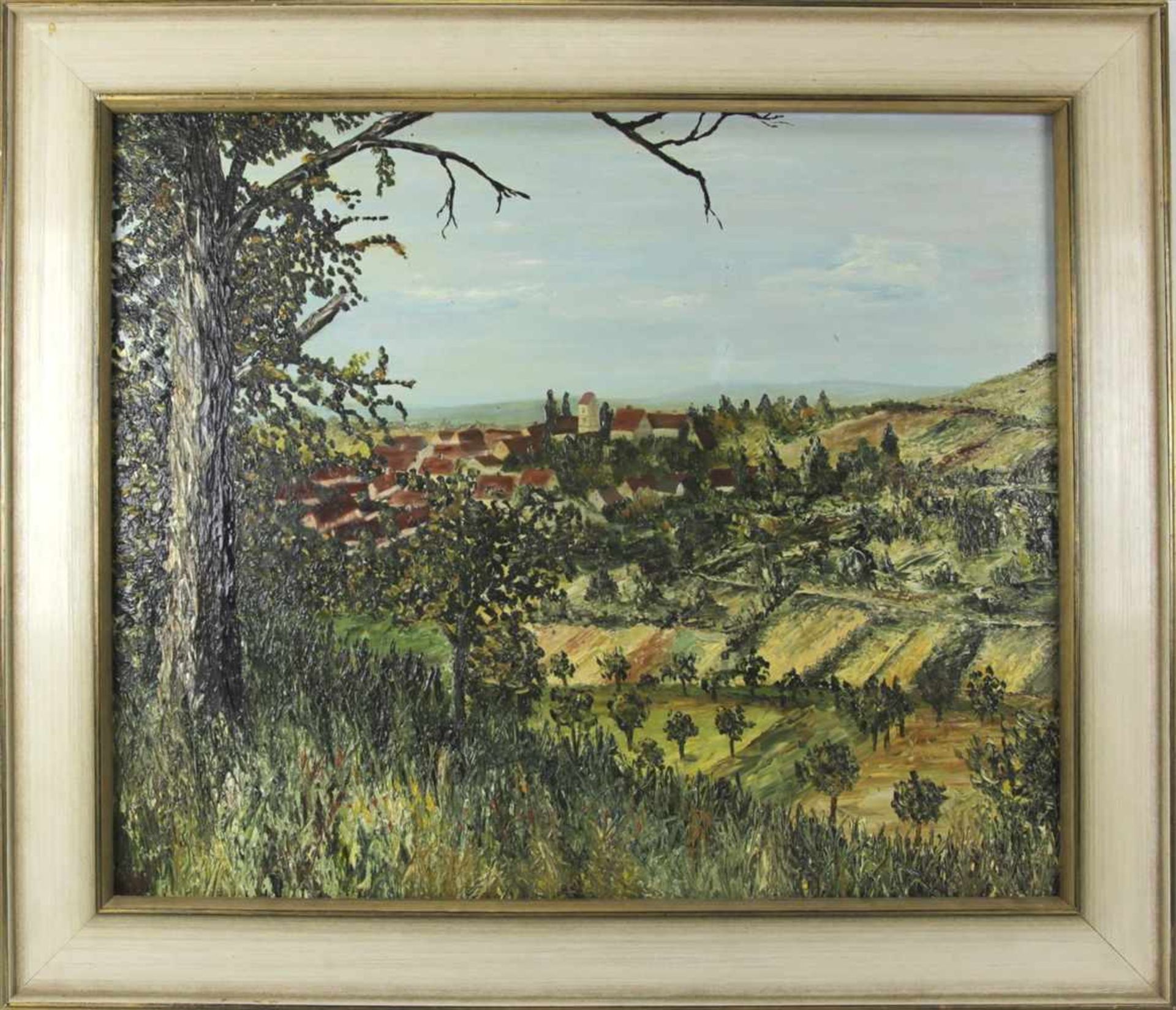 Markgräfler LandschaftUndeutlich signiert. Öl auf Platte. Größe ca. 50 x 60 cm, Rahmen ca. 63 x 72