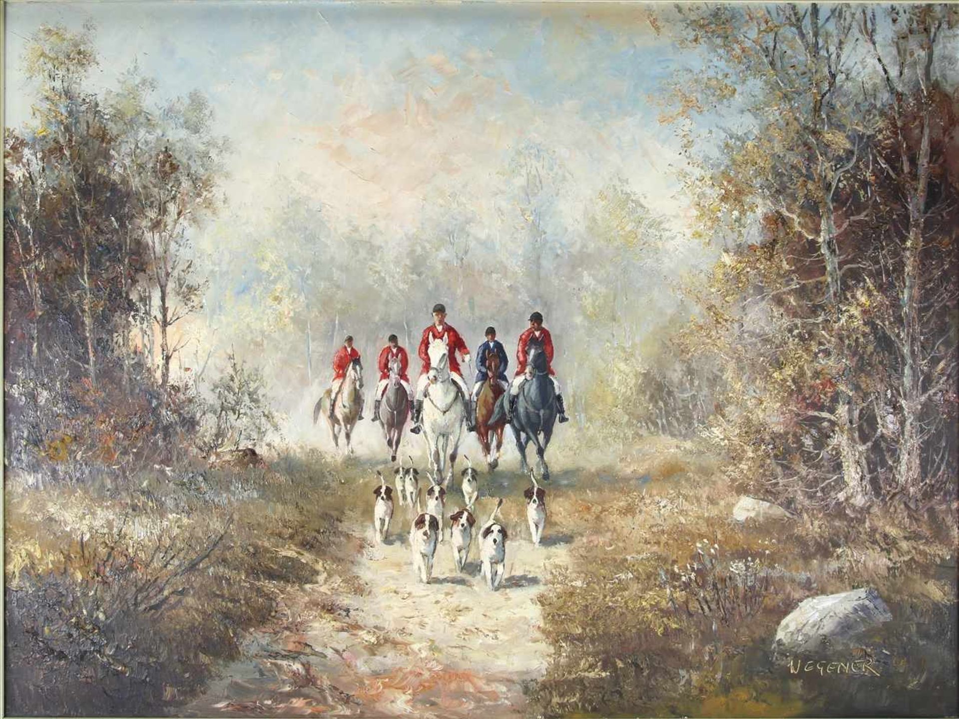 WegenerDeutscher Jagdmaler. Reiter mit Hunden auf Waldlichtung. Öl auf Leinwand. Unten rechts