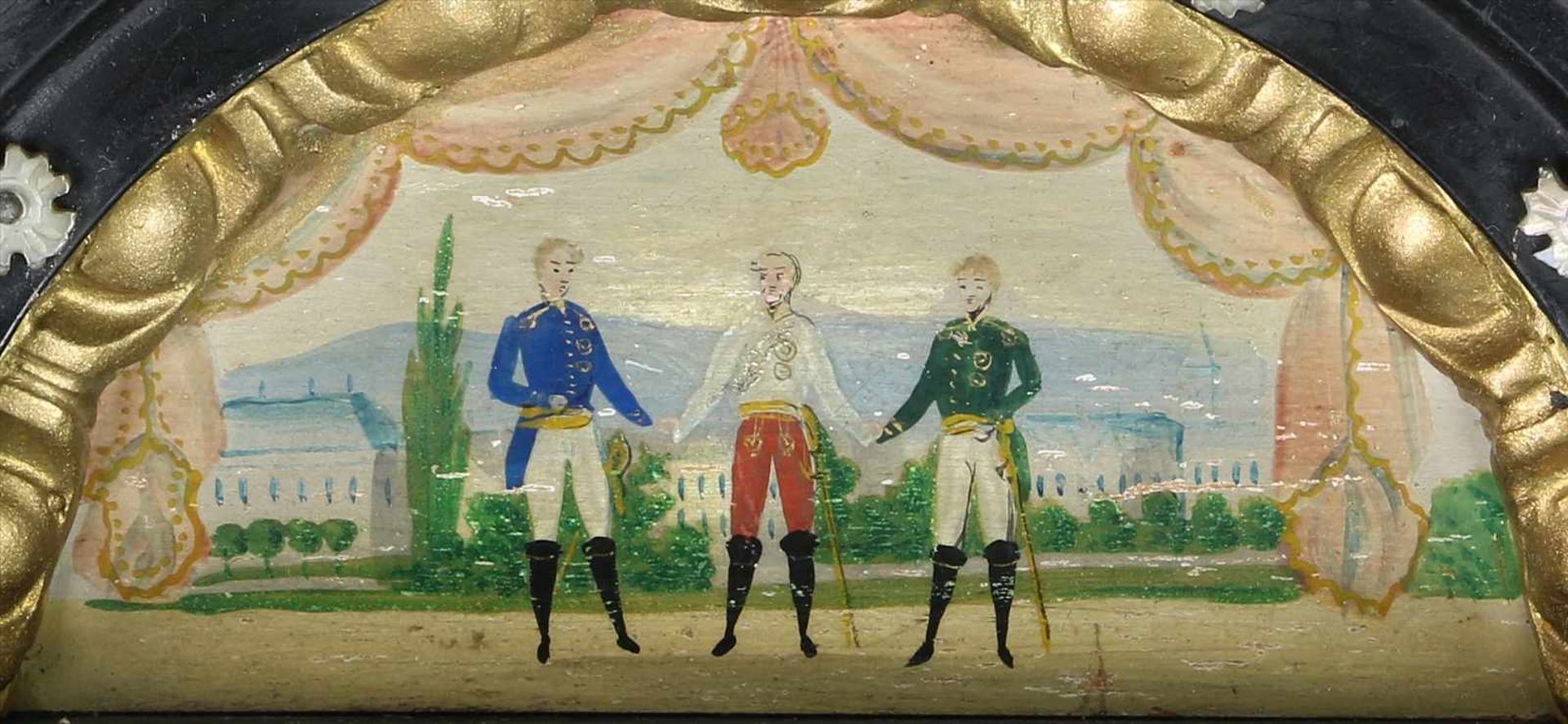 Wiener PortaluhrÖsterreich um 1830. Ebonisierter Holzkorpus mit Alabastersäulen und Lyra. Reiche - Bild 7 aus 10