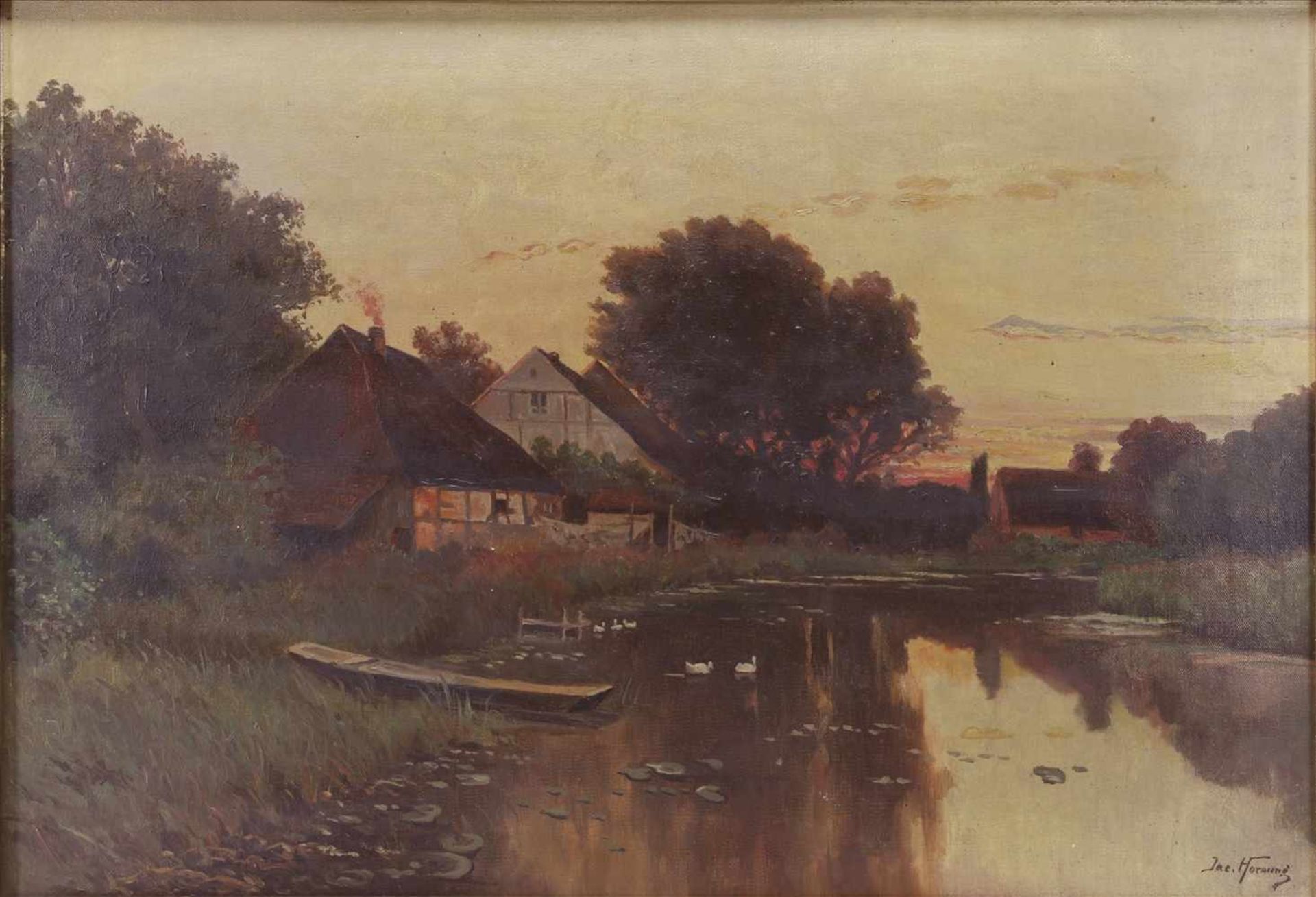 Hornung, JacobLandschafter um 1900. Dorfteich mit Enten. Öl auf Leinwand. Unten rechts signiert.