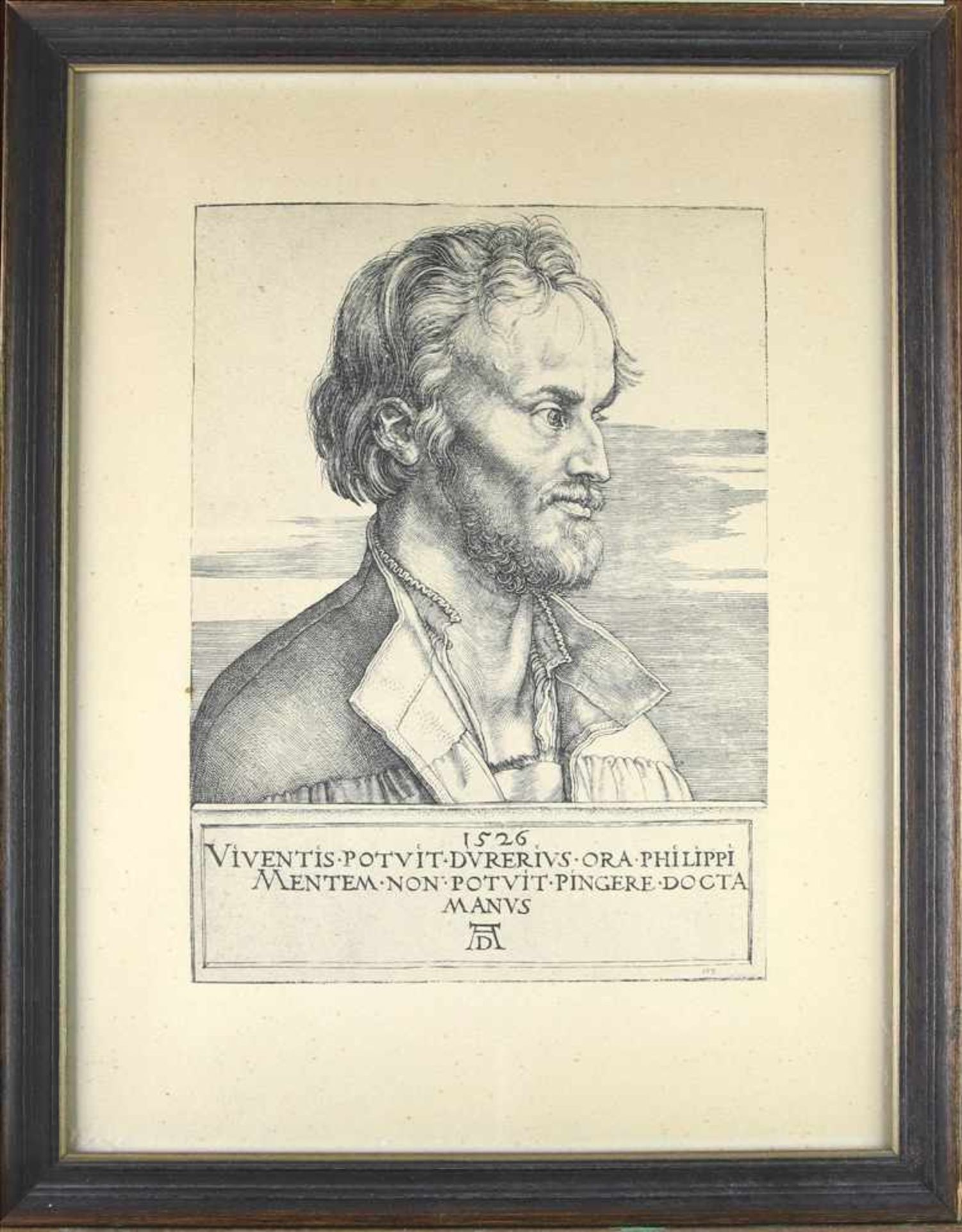 Dürer, AlbrechtGraphik nach dem Kupferstich Philipp Melanchton. Größe ca. 16,7 x 12,3 cm. Hinter - Bild 2 aus 3