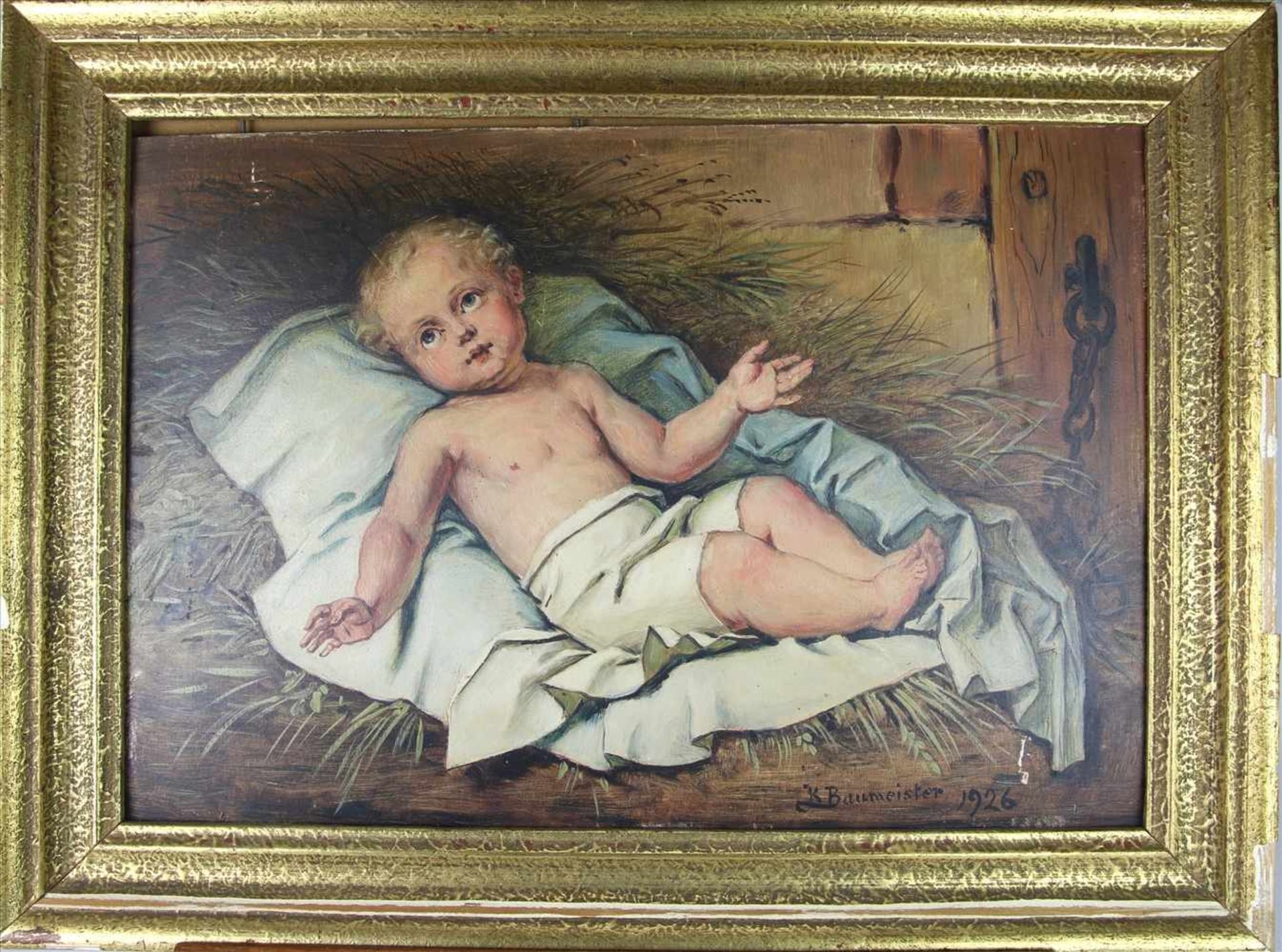 Baumeister, Karl1840 Zwiefalten - 1932 ebd. Jesuskind in der Krippe. Öl auf Holz. Unten rechts - Bild 2 aus 4