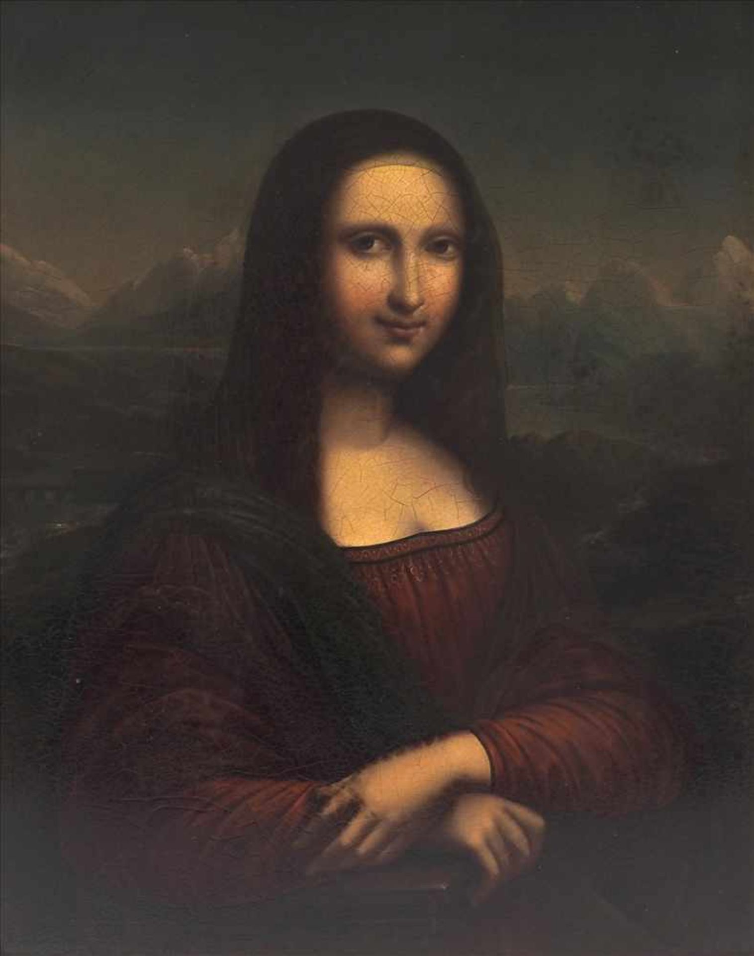 Da Vinci, LeonardoKopie nach. Mona Lisa. Öldruck auf Metallplatte. Größe ca. 36 x 28,5 cm, Rahmen