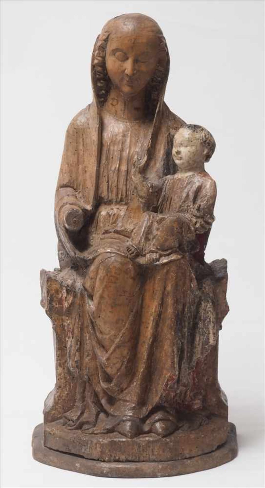 Madonna mit KindRheinland 14./15. Jh. Auf einer Bank sitzende Madonna mit dem kleinen Jesuskind