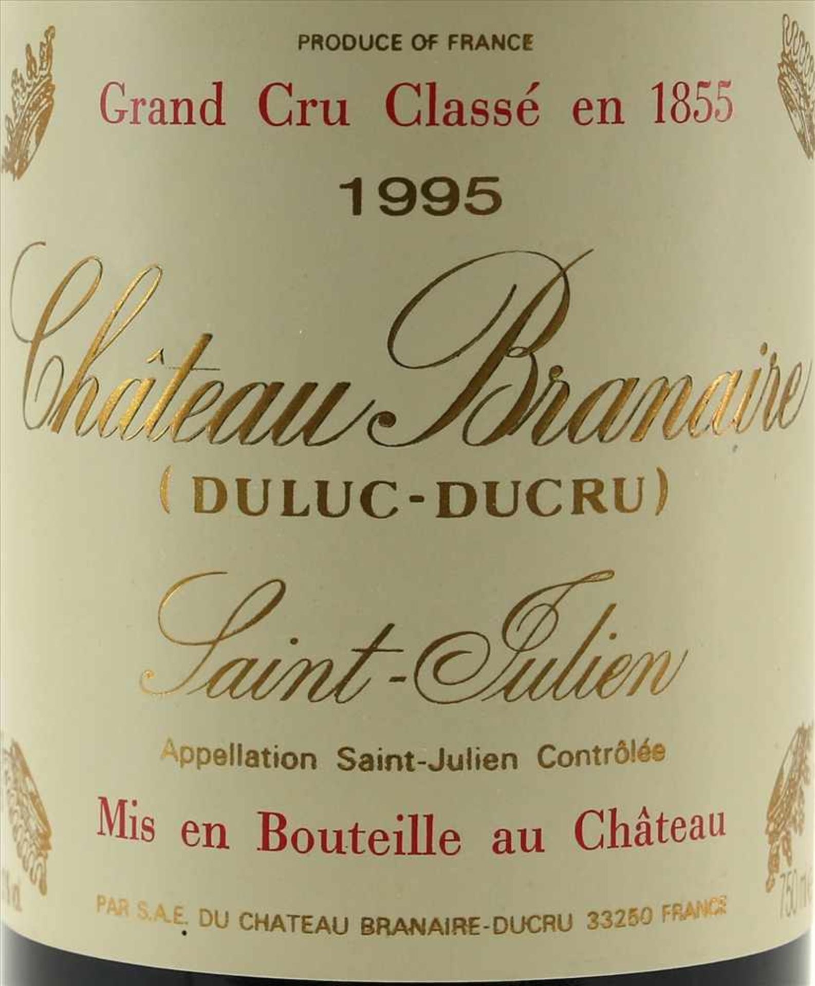 Flasche Chateau Branaire 1995Saint-Julien. Grand Cru classé. 0,75 Liter. Füllstand Mitte Hals, - Bild 2 aus 3