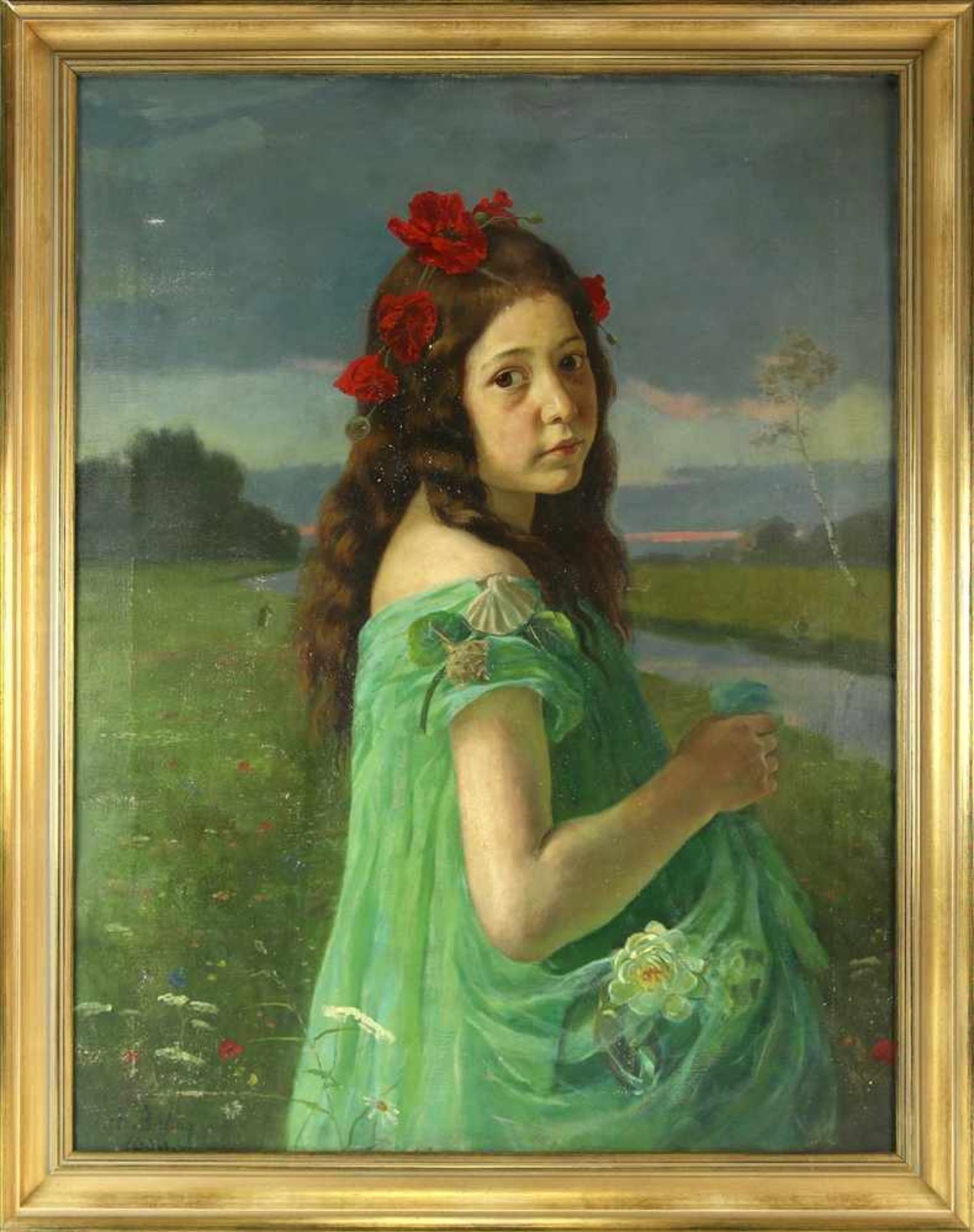 JugendstilmalerA. Breling signiert. Junges Mädchen in grünem Kleid vor einem Bachlauf. Öl auf - Image 2 of 5
