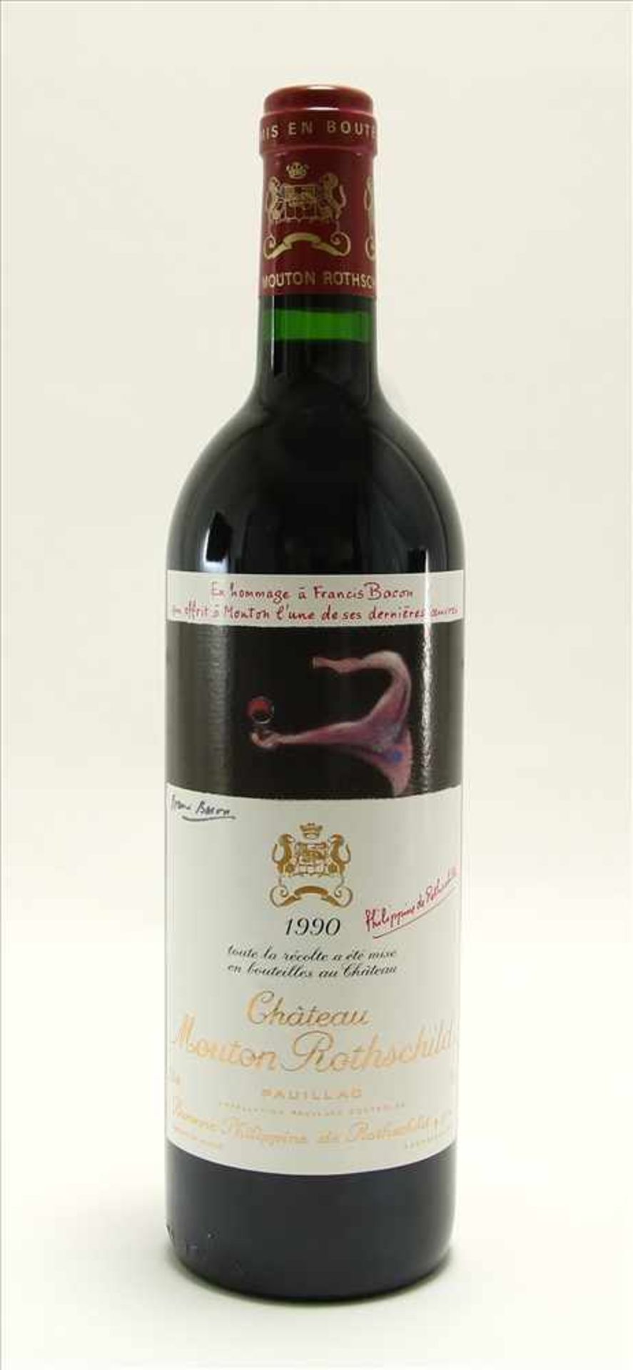 Flasche Chateau Mouton Rothschild 1990Pauillac, 0,75 Liter mit dem originalen Etikett von Francis