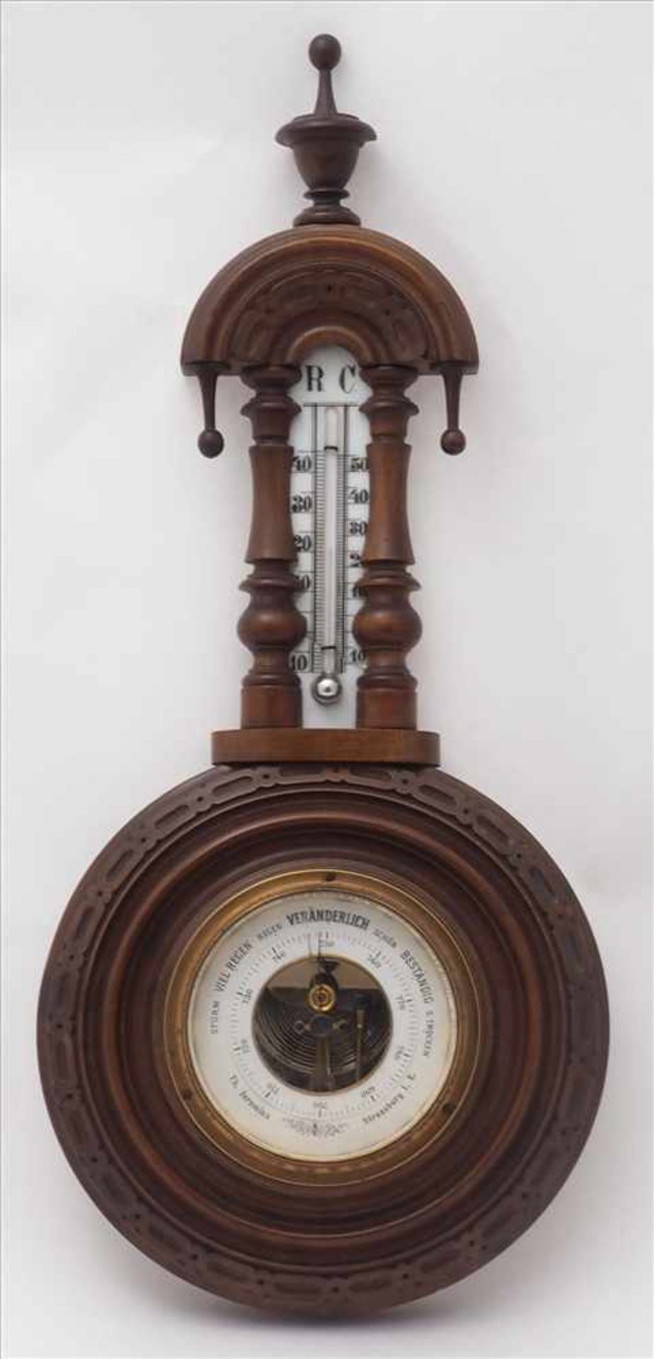 WetterstationHistorismus um 1900. Barometer mit darüber mittig angeordnetem Thermometer mit Réaumur-