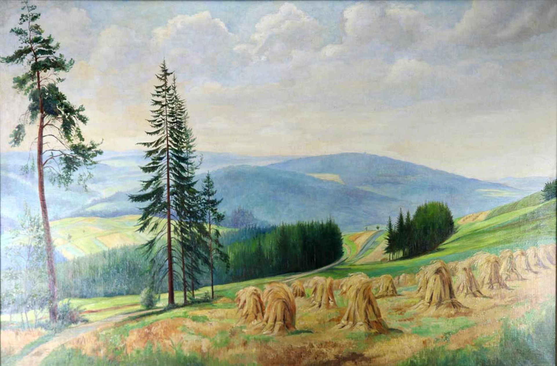 Knothe, Hermann Richard Otto1891 Leipzig - 1961 Bad Elster. Mittelgebirgslandschaft mit Heugarben.