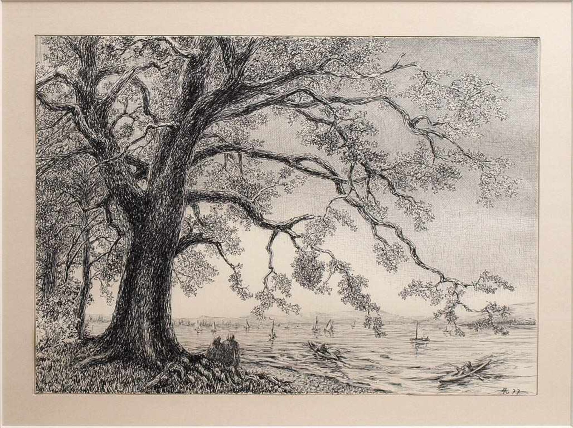 Kammigan, Franz1902-1985. Frühling am Bodensee. Am Ufer beobachtet ein Pärchen unter einem Baum