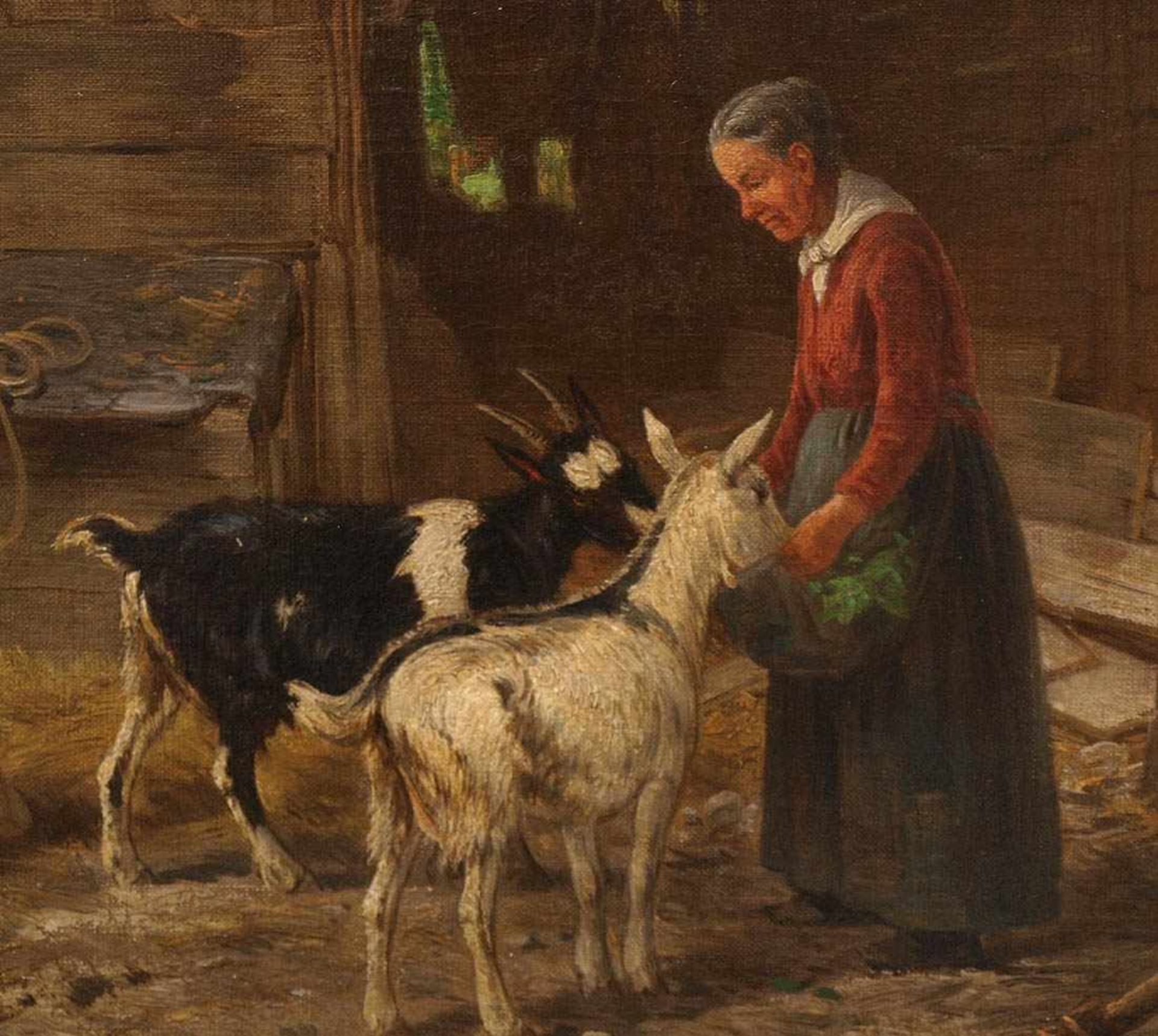 GenremalerSüddeutsch 19. Jh. Alte Bäuerin auf dem Hof beim Füttern zweier Ziegen, Um sie herum - Bild 6 aus 8