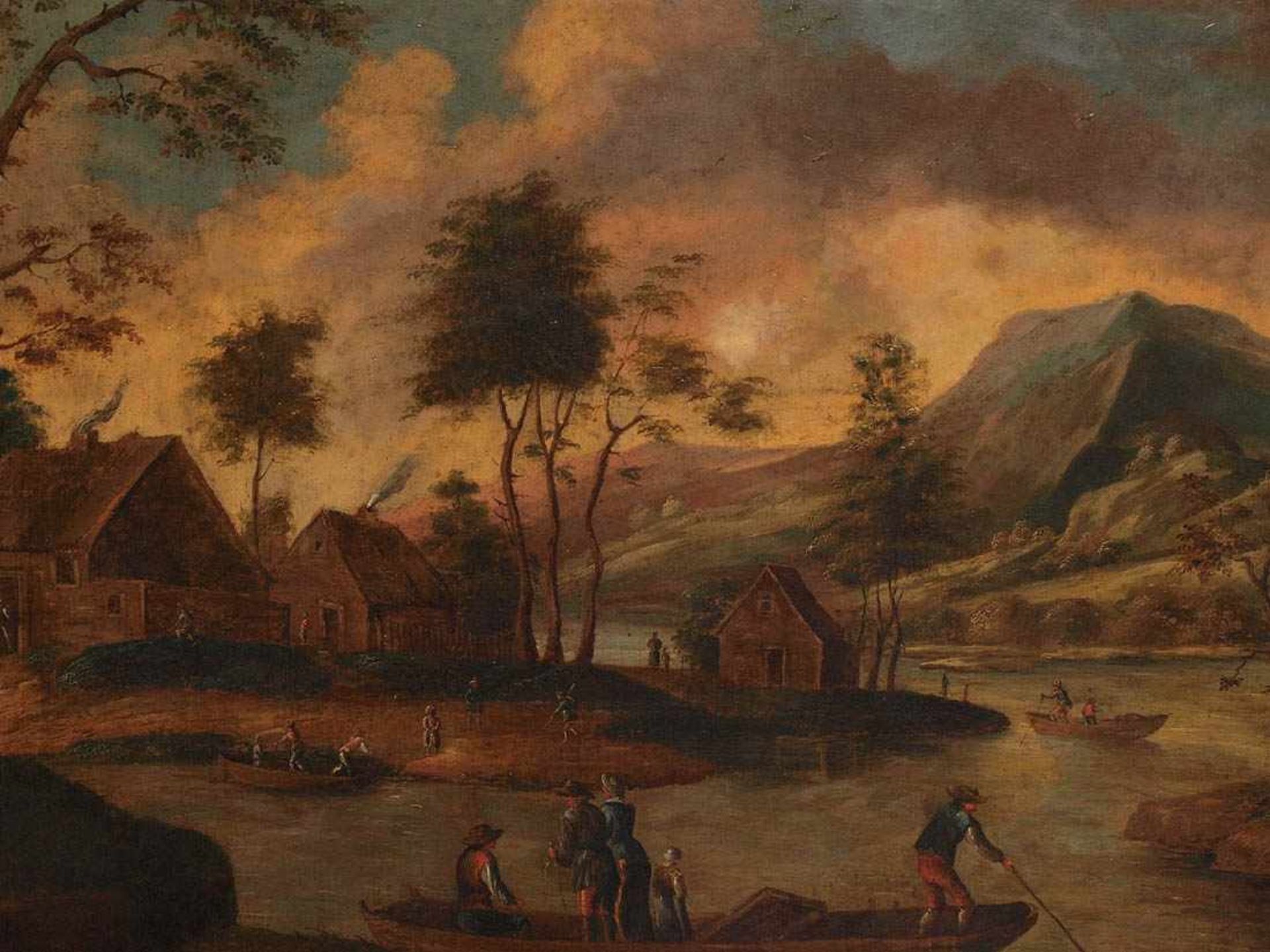 LandschafterWohl Holland um 1700. Flusschleife in weiter Vorgebirgslandschaft. Auf einer Landzunge