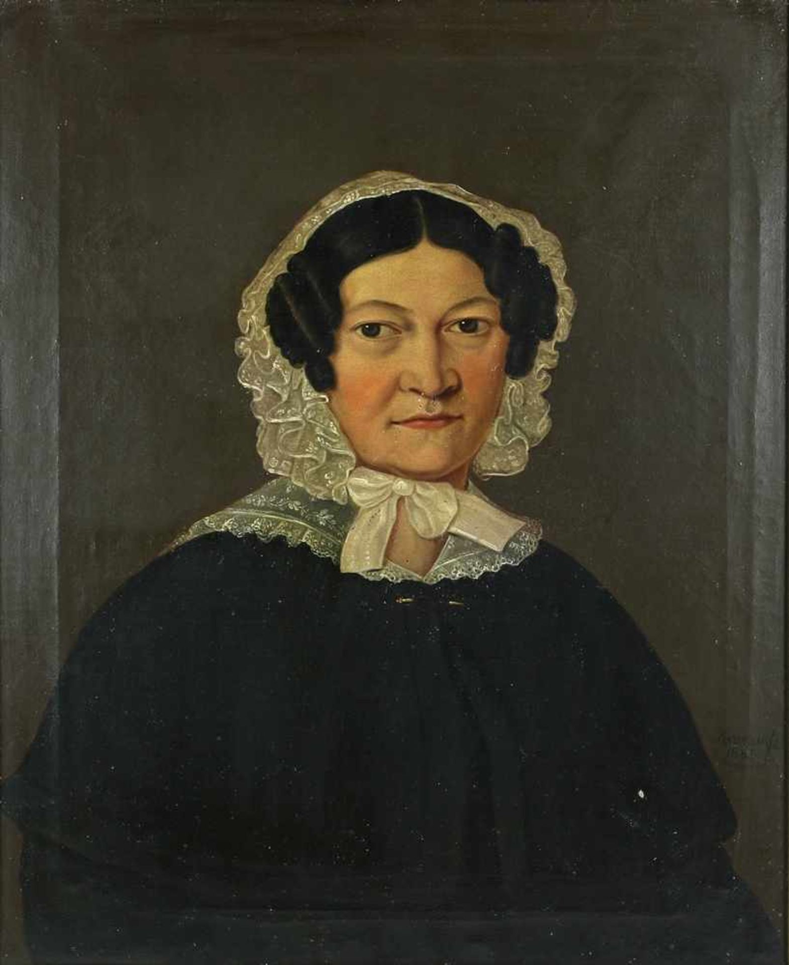 BiedermeierportraitDeutsch um 1845. Halbportrait einer Bürgerlichen en face. Öl auf Leinwand,