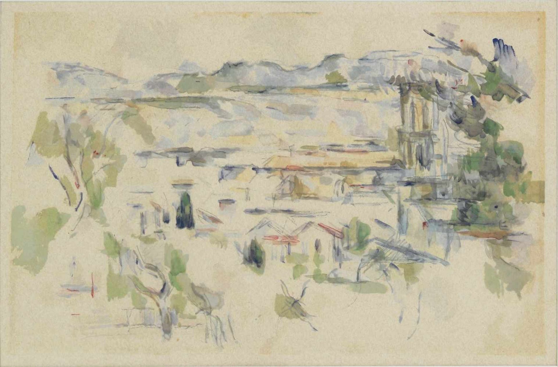 Cezanne, PaulDietz Replik nach. Landschaft in der Provence. Aquarell. Verso originales Etikett.