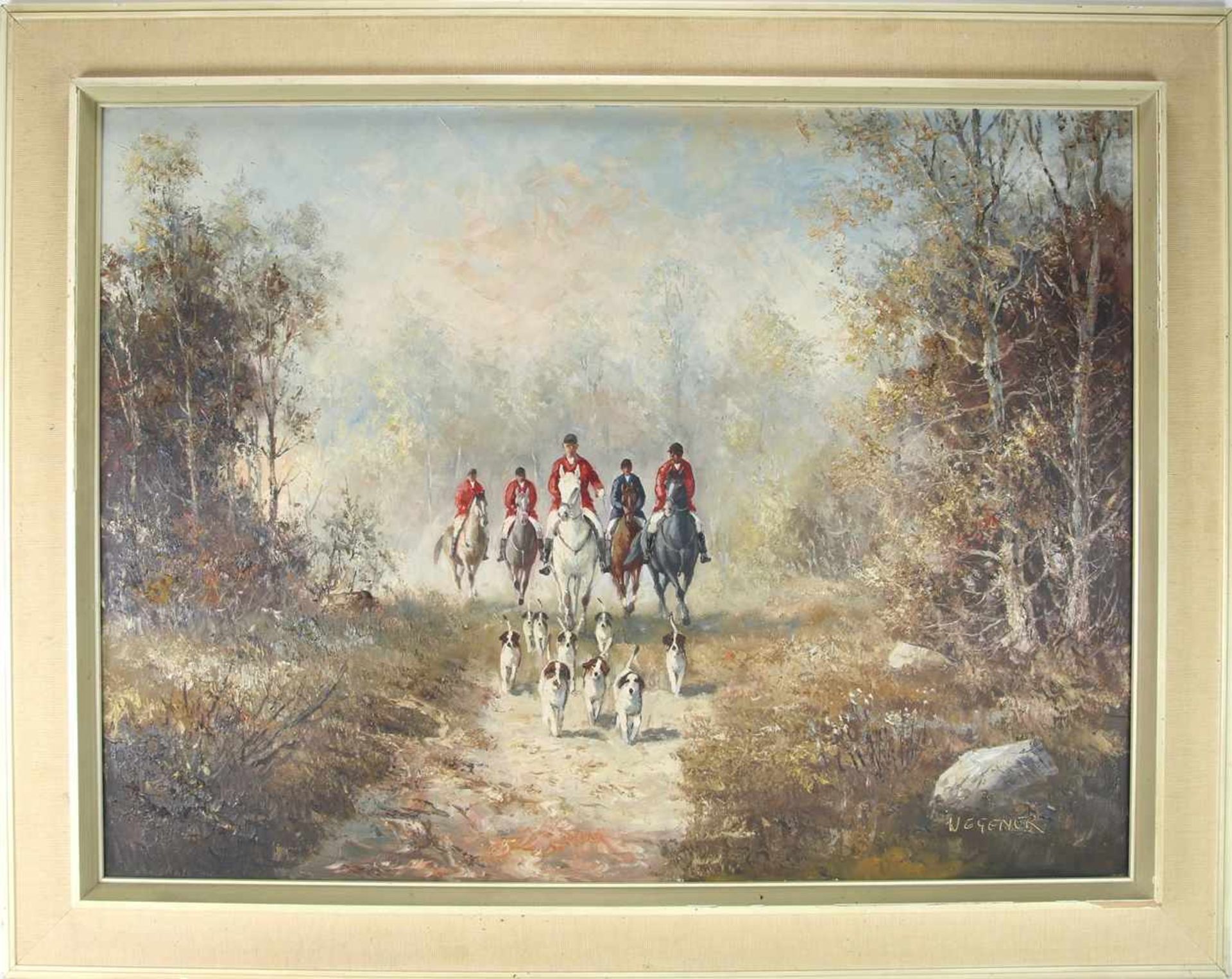 WegenerDeutscher Jagdmaler. Reiter mit Hunden auf Waldlichtung. Öl auf Leinwand. Unten rechts - Bild 2 aus 4