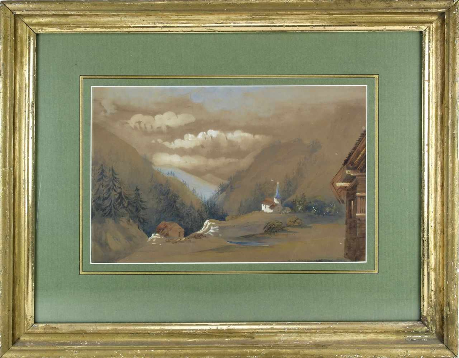 Bayrischer Landschafterum 1900. Blick von einer Sennhütte über ein Bergkirchlein in das - Bild 2 aus 3