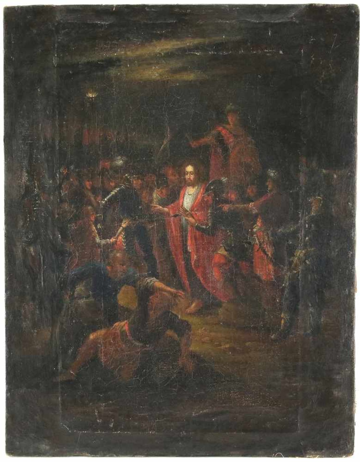 Süddeutscher Altmeister17. Jh. Jesu Gefangennahme im Garten Gethsemane. Vielfigurige Szene mit der