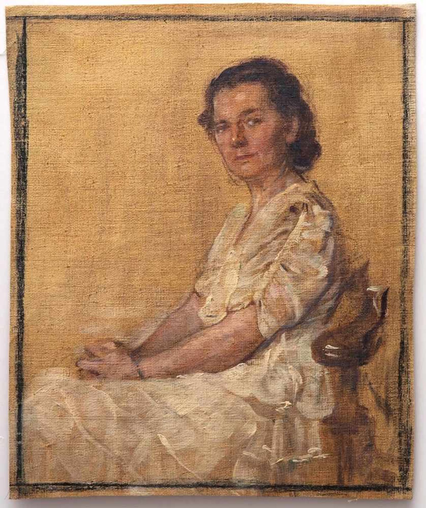 Schmidlin, Adolf1868 Lahr - 1954 Freiburg. In einem Sessel sitzende Dame in weißem Kleid, den