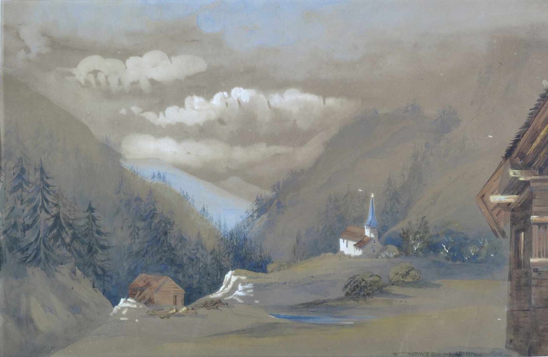 Bayrischer Landschafterum 1900. Blick von einer Sennhütte über ein Bergkirchlein in das