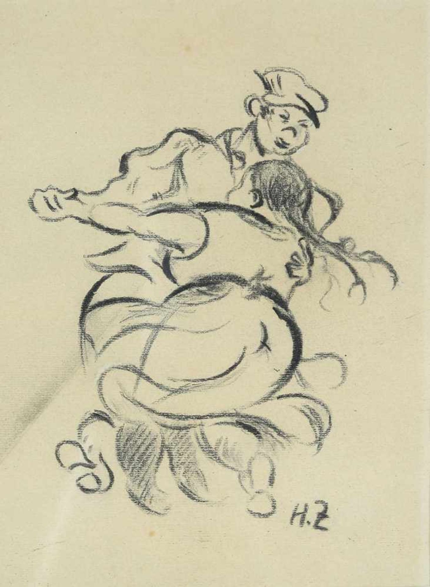 Monogrammist H.Z.Wohl Berlin um 1900. Tanzszene in der Art von Heinrich Zille. Kohle auf Papier