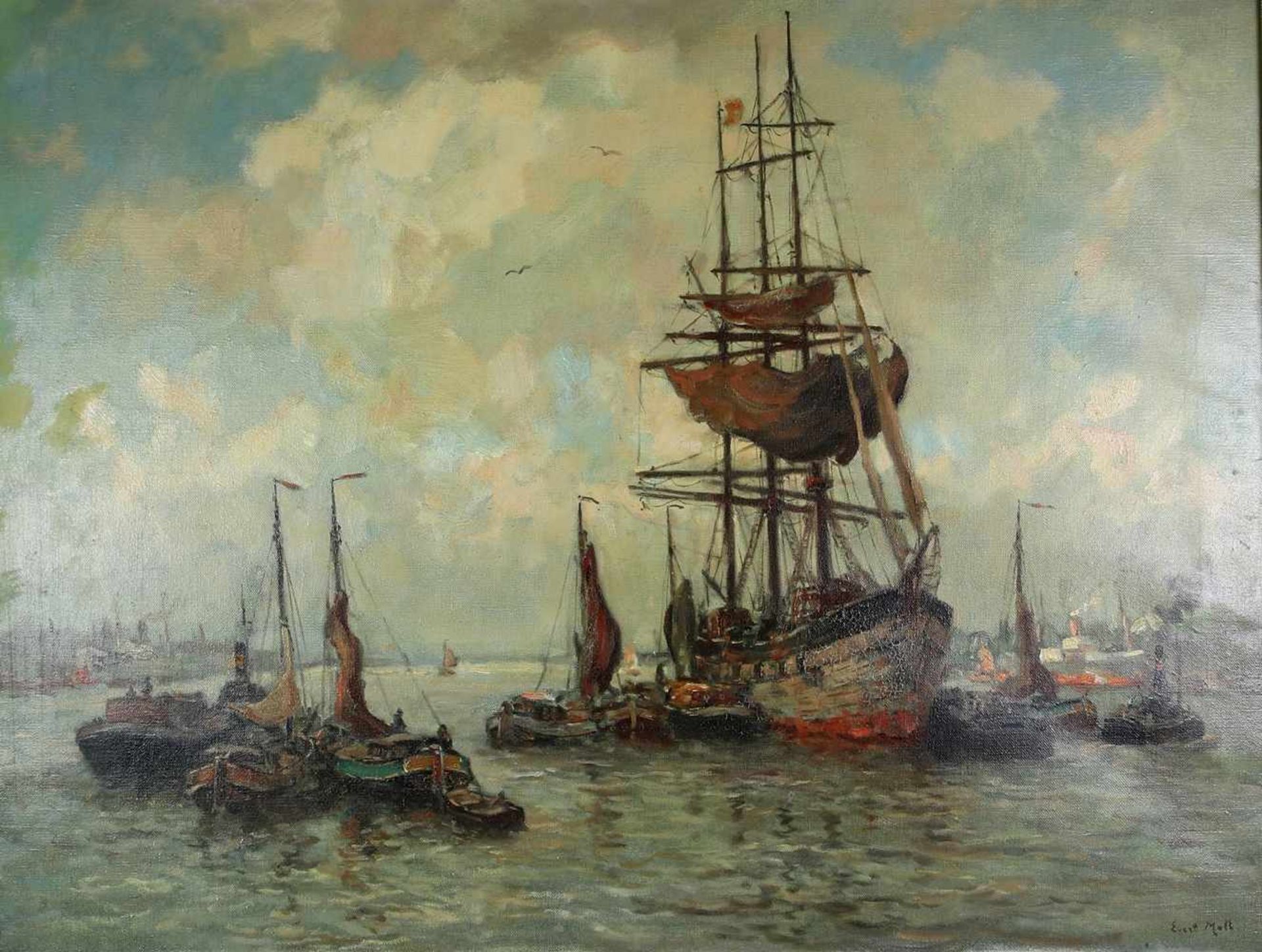 Moll, Evert1878 Rotterdam - 1955 Den Haag. Dreimaster und diverse Dampfschiffe im Hafen. Öl auf