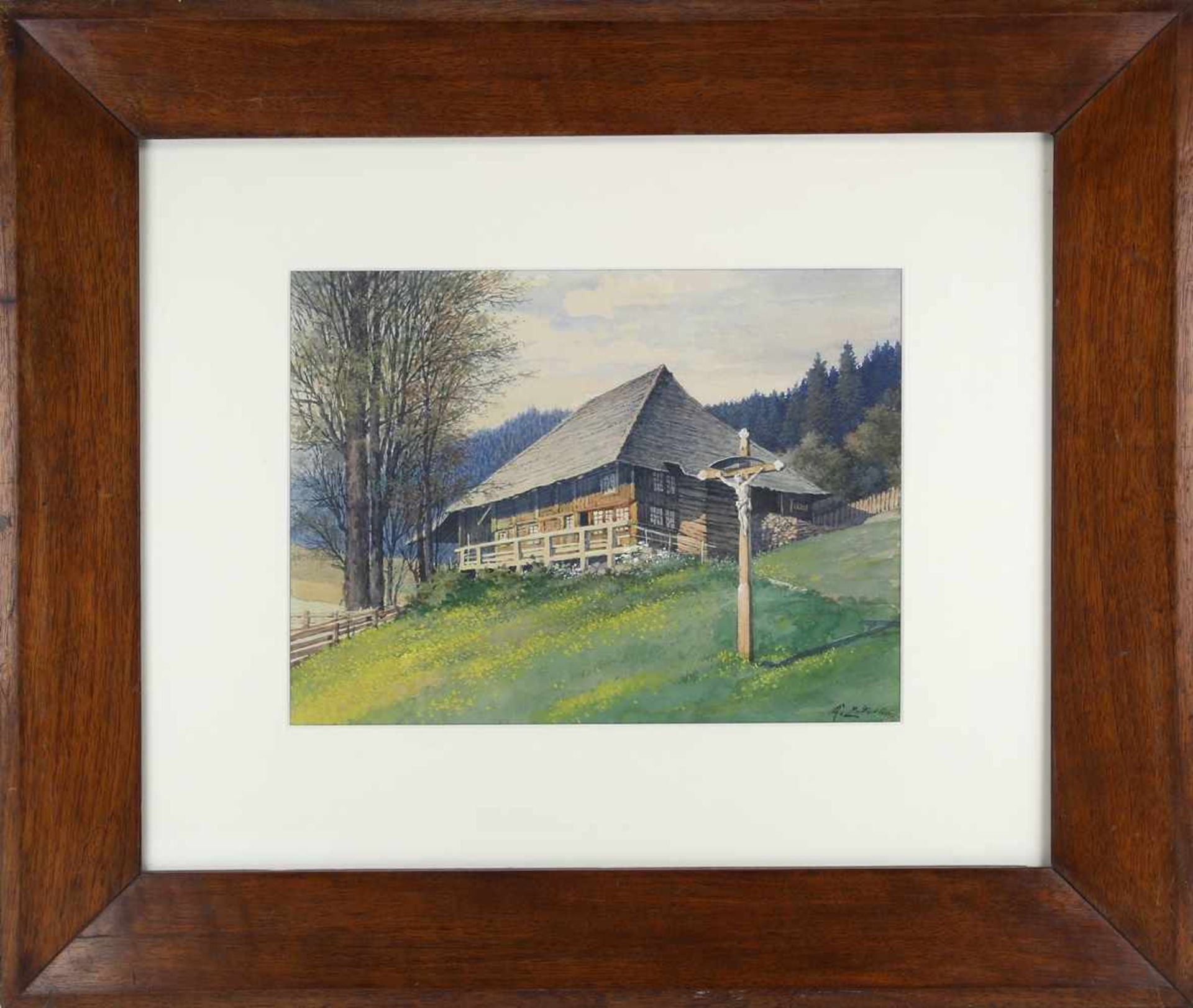 Schwarzwaldmalerum 1900. Blick von unten auf einen Schwarzwaldhof mit Bildstock an einem - Bild 2 aus 4