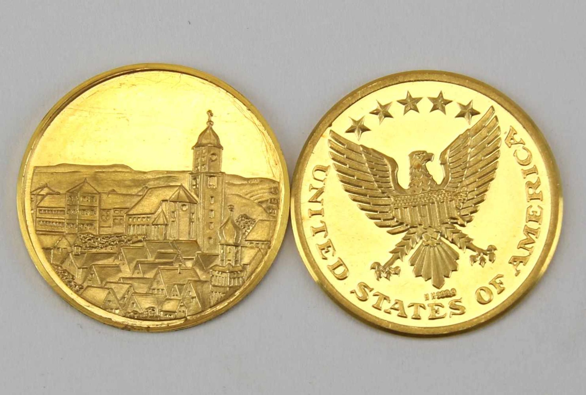 Zwei GoldmedaillenGedenkmedaille Stadt Messkirch, GG 986, Durchmesser ca. 20 mm, Gewicht ca. 3,89 - Bild 2 aus 2