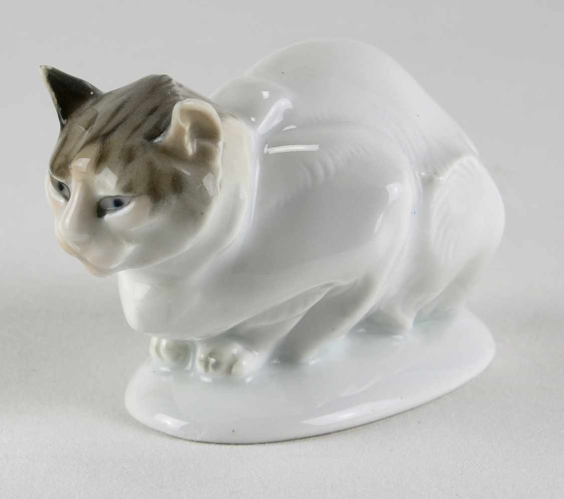 TierfigurineDorothea Moldenhauer für Rosenthal Porzellan um 1920. Kauernde Katze mit sparsamer