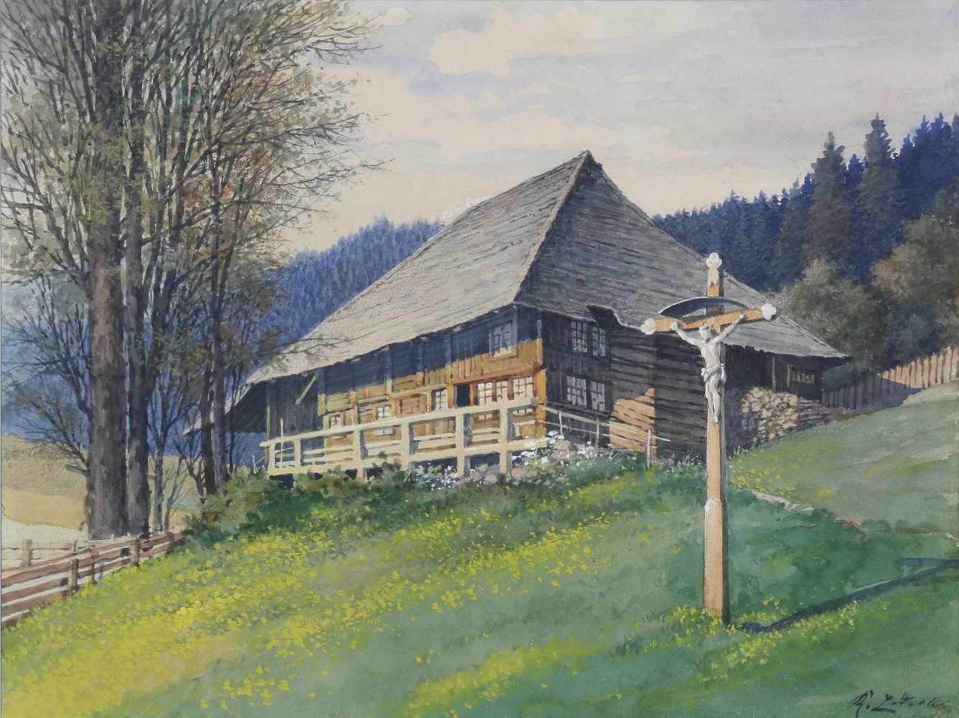 Schwarzwaldmalerum 1900. Blick von unten auf einen Schwarzwaldhof mit Bildstock an einem