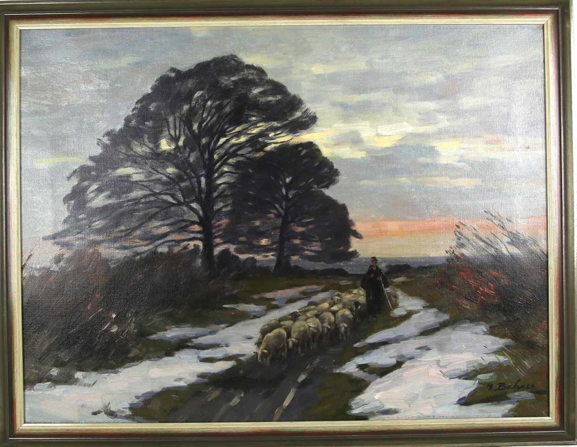 Bahner, Hermann1867 Kaiserswerth - 1938 Langen. Schafherde im Schnee. Unten rechts signiert, verso - Bild 2 aus 5