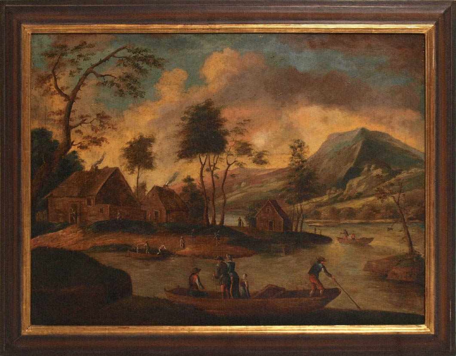 LandschafterWohl Holland um 1700. Flusschleife in weiter Vorgebirgslandschaft. Auf einer Landzunge - Bild 2 aus 7