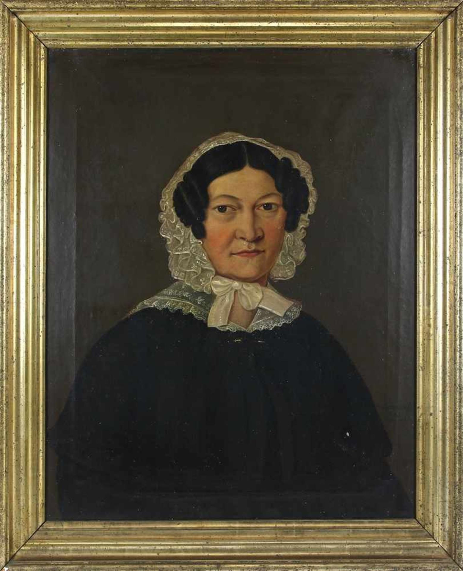 BiedermeierportraitDeutsch um 1845. Halbportrait einer Bürgerlichen en face. Öl auf Leinwand, - Bild 2 aus 4