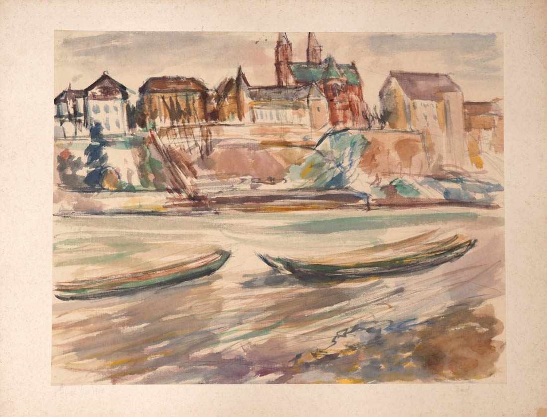 Mez, Alfred1885 Freiburg i. Br. - 1955 Zürich. Zwei in Basel auf dem Rhein liegende Fährboote mit