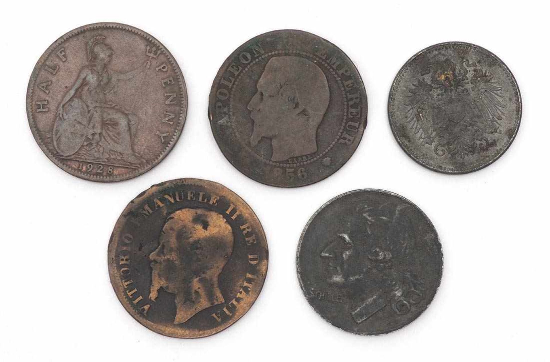 Konvolut VariaFünf Münzen. Unter anderem Amtskörperschaft Marburg 1918, Napoleon III; Knopfloch - - Bild 2 aus 6