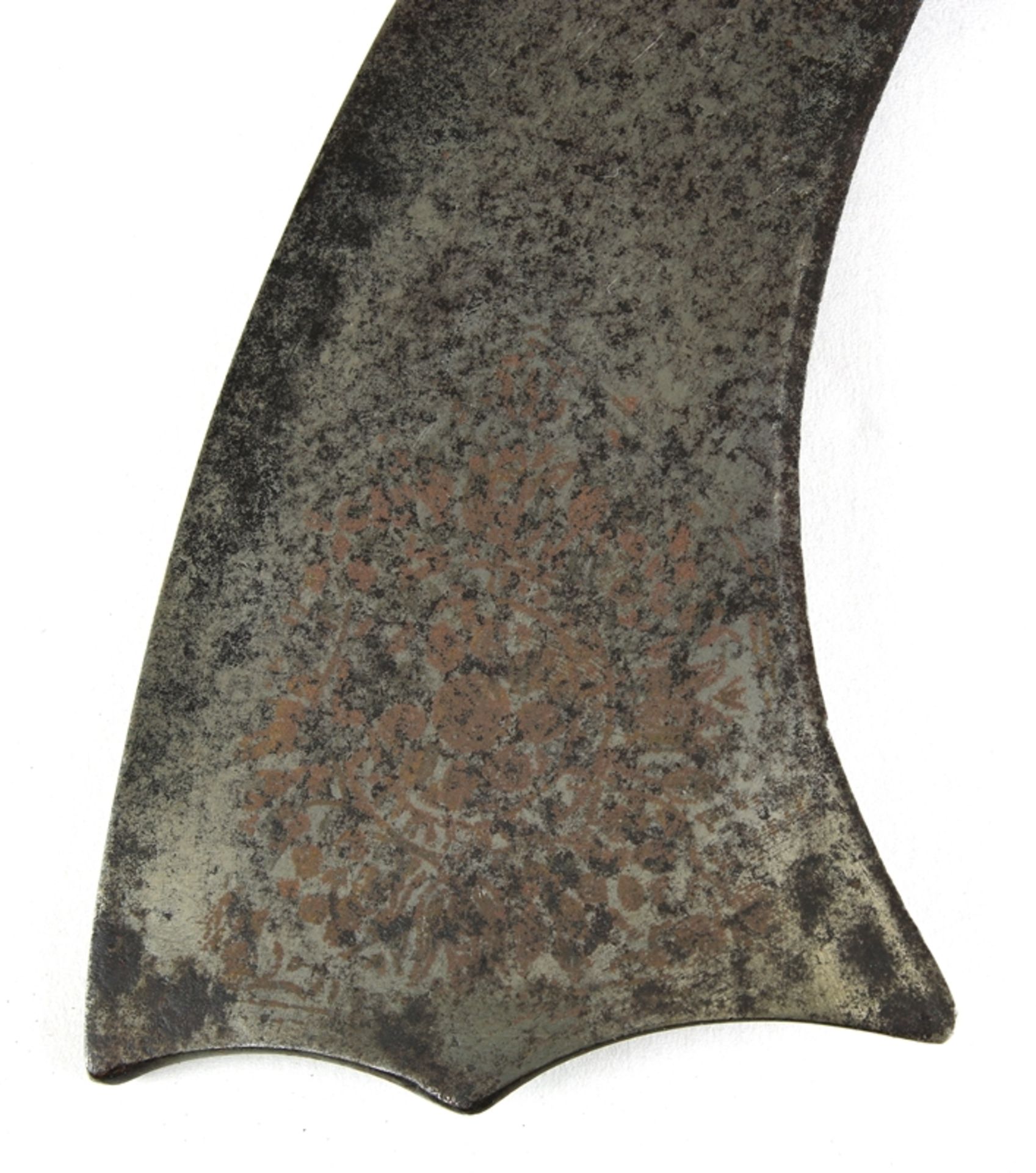 Kora Nepal19. Jh. Breite Stahlklinge, vorne beidseitig mit Ätzverzierung. Mit Stoff umwickelter - Bild 3 aus 5