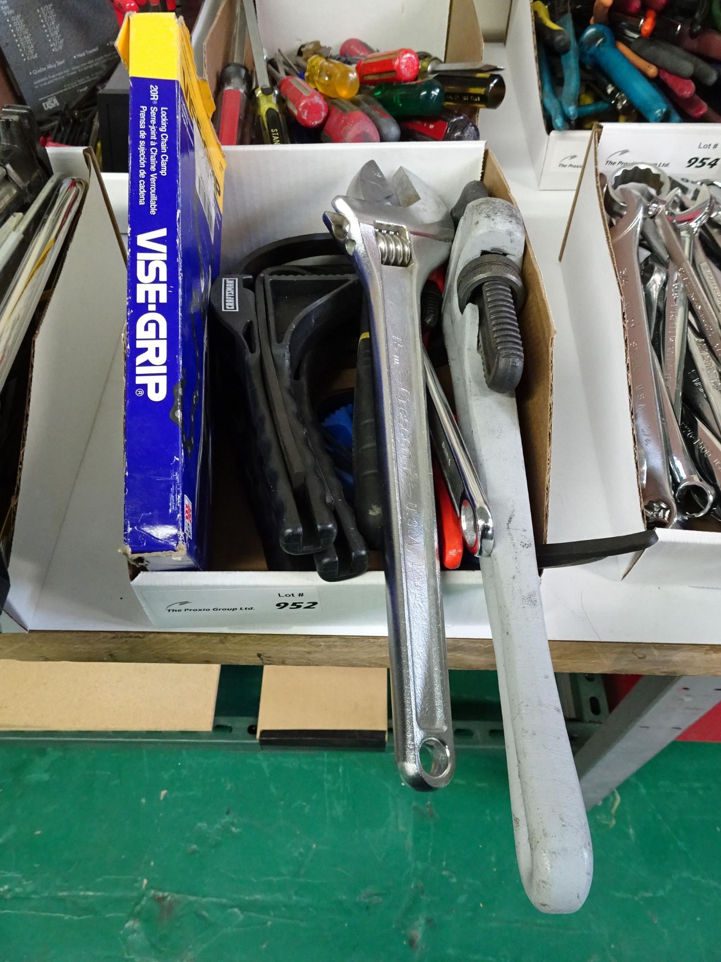 (1) Lot Box Of Various Adjustable Pipe And Strap Wrenches, (1) Chain Clamp Wrench