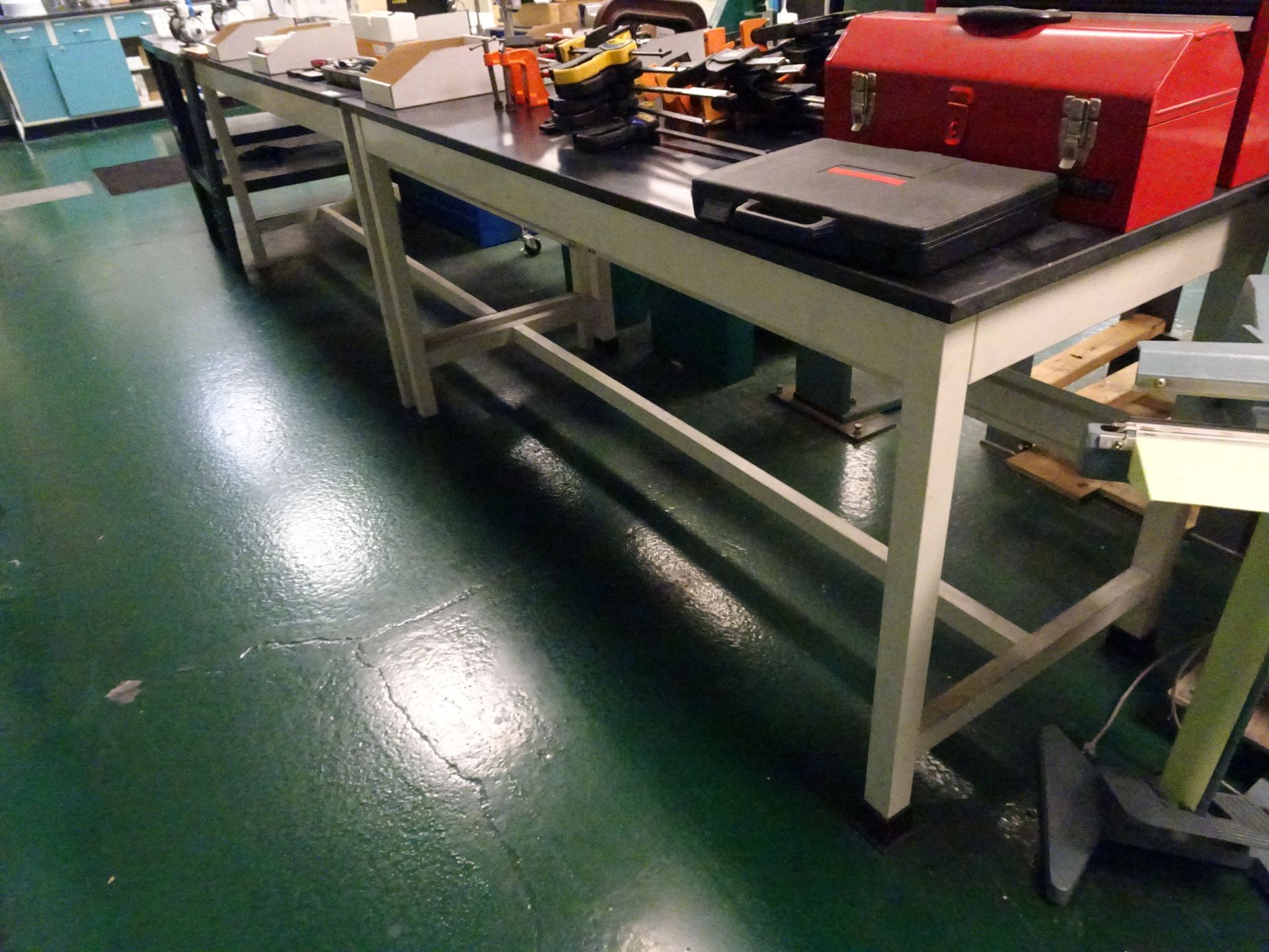 72" x 30" Epoxy Top Workbenches, (2) 24" x 36" 2-Tier Steel Work Platforms, (2) Castered Swivel