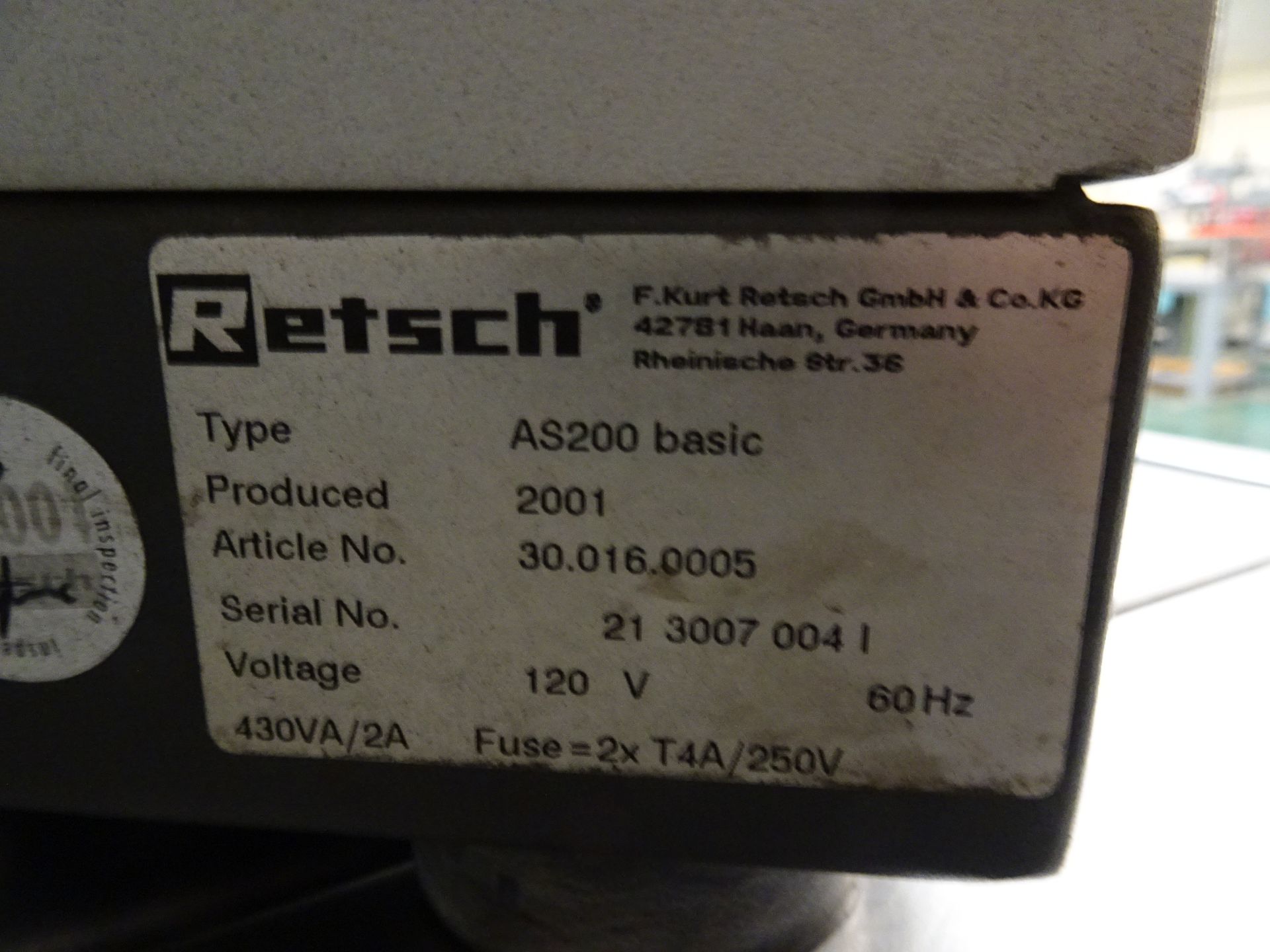 Retsch Model AS200 Basic, Laboratory Shaker Stirrer, sn 21-3007-0041 120V, 1ph, 60Hz - Image 3 of 3