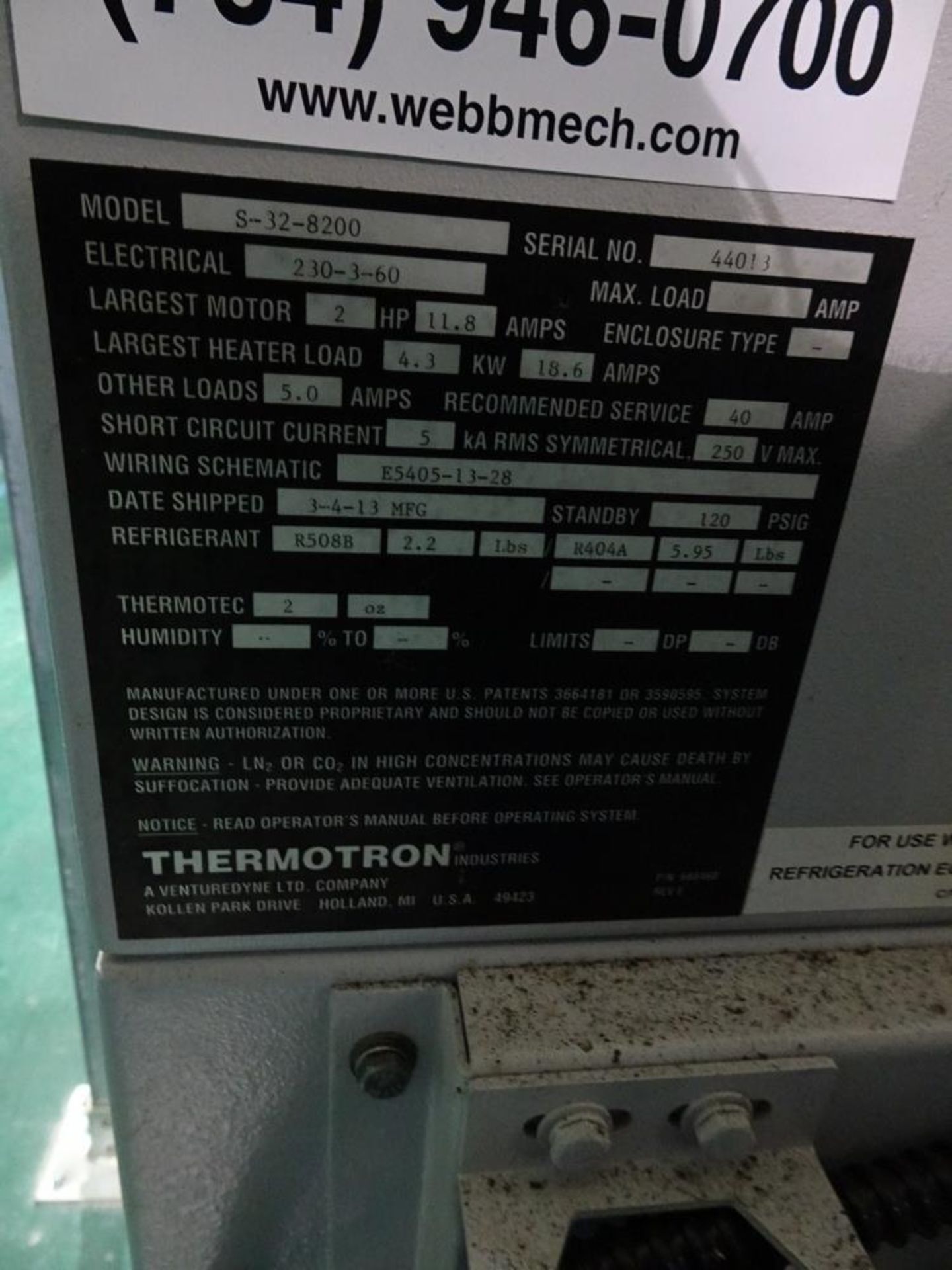 (1) Thermotron Model S-32-8200 Environmental Chamber, Single Door, Model 3413 230 V, 3-Phase, 60 - Image 4 of 4