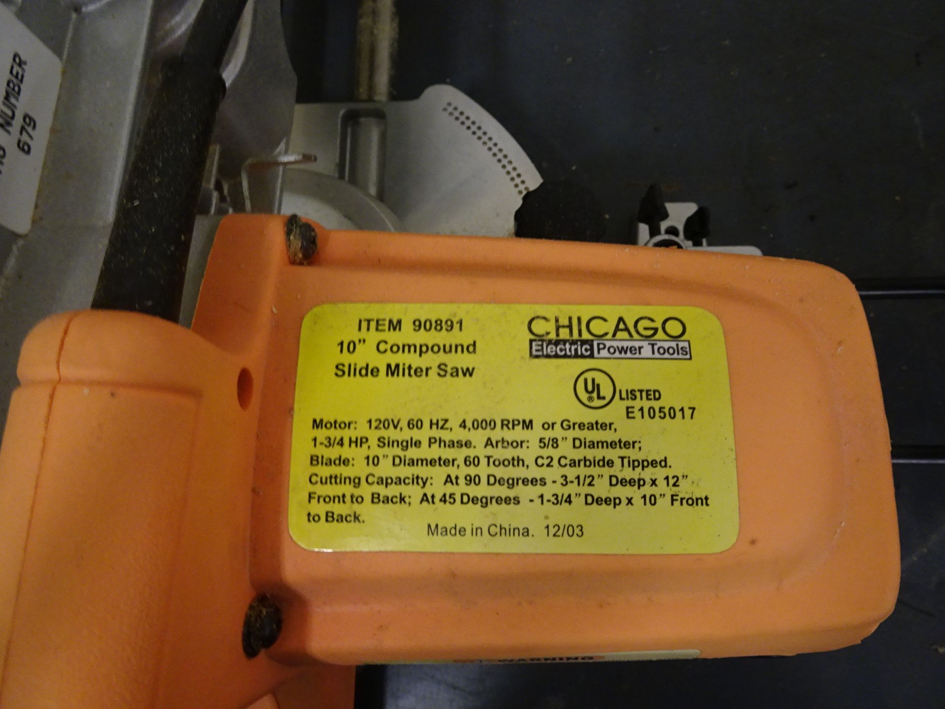 (1) Chicago Electric Model 90891, 10 In. Compound Slide Miter Saw, Cutting Capacity @ 90 Degrees - Image 3 of 3