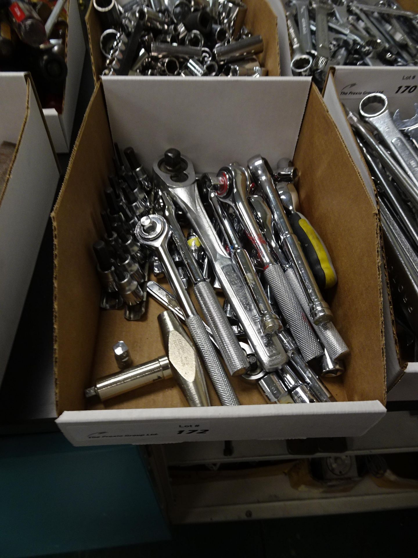 Lot Box of Misc Socket Wrenches, Extensions, Size and Angle Adapters, and Various Sized Allen Socket