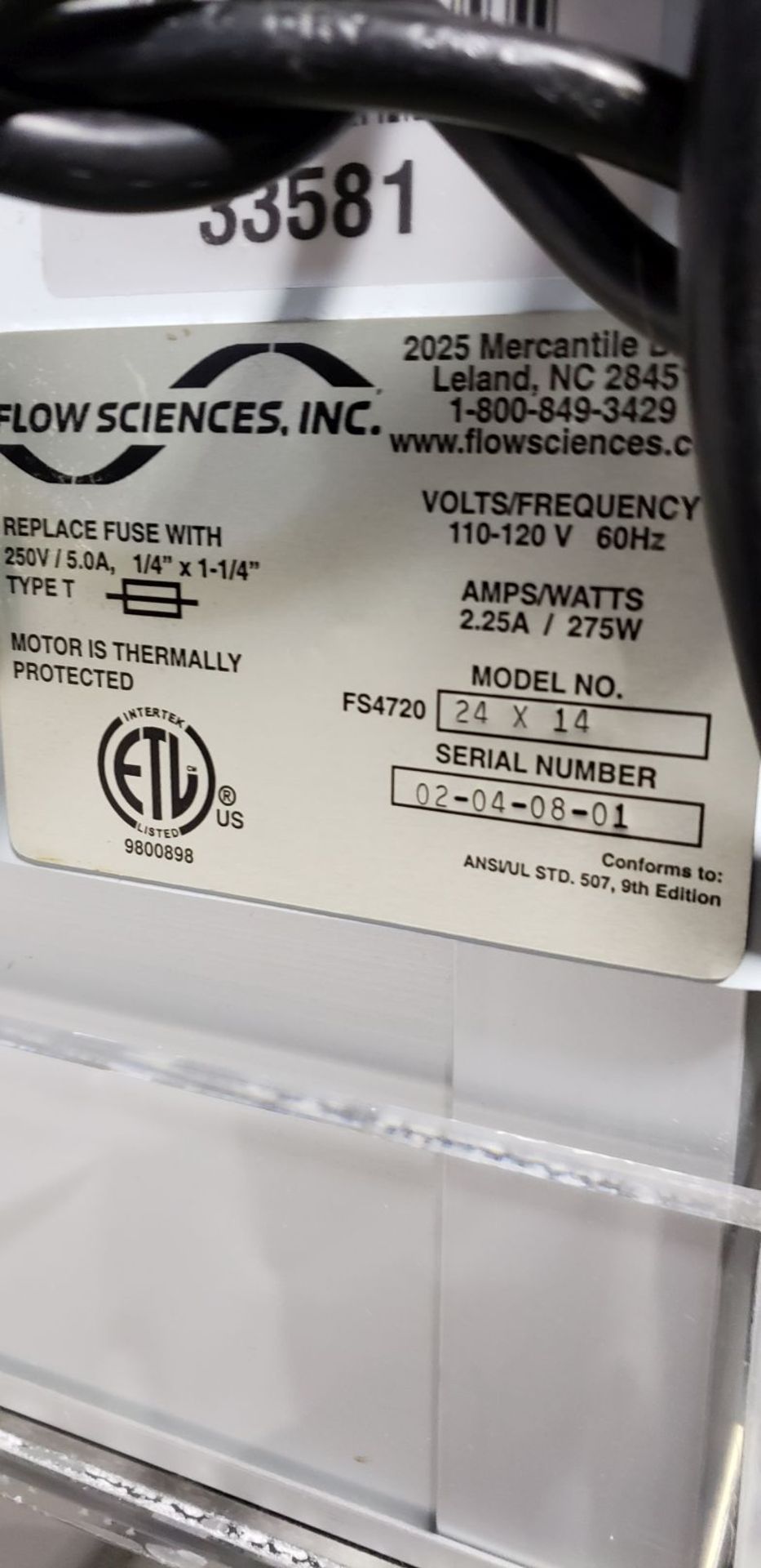 Flow Sciences Inc Model 24x14 Bench Top Lab Hood, serial 02-04-08-01 with model FS1645 Face Velocity - Image 2 of 7