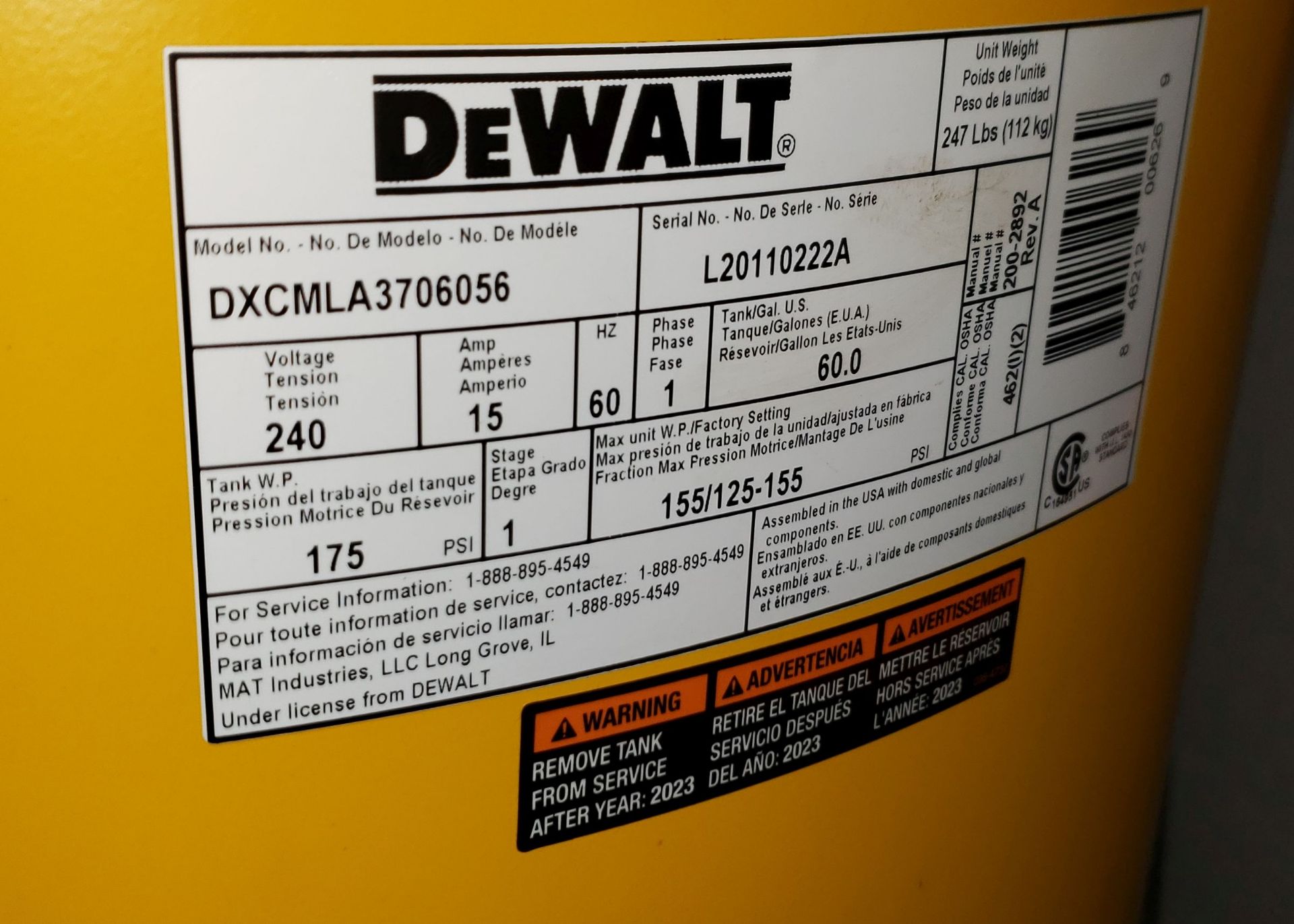 DEWALT VERTICAL AIR COMPRESSOR 220Volt 155 PSI - Image 4 of 5