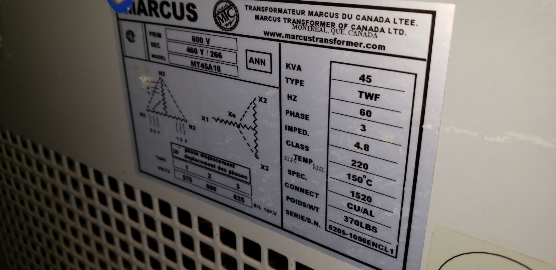 MARKUS Transformer 600V-460V 45KVA - Image 2 of 4