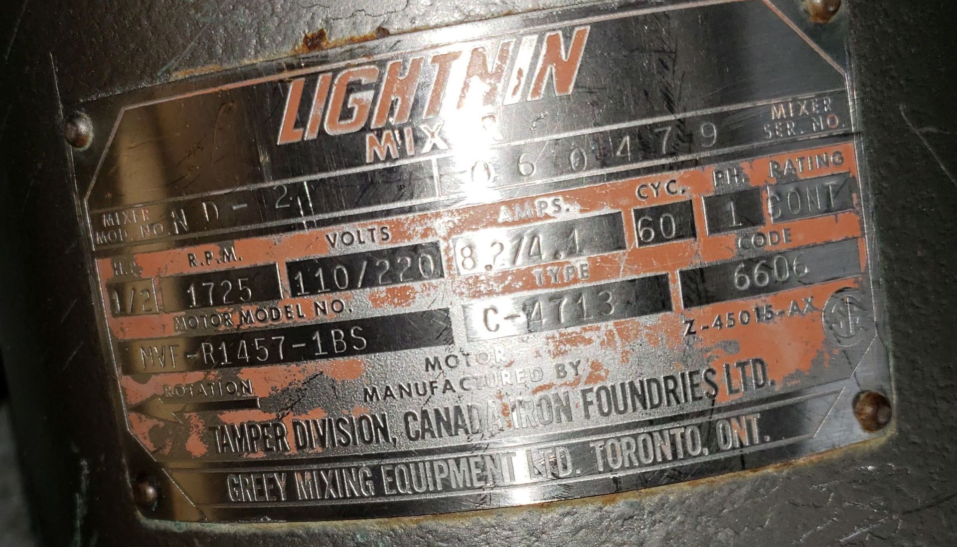Lightnin Agitator, model ND2, 0.5 hp, 110/220 volt - Image 8 of 8