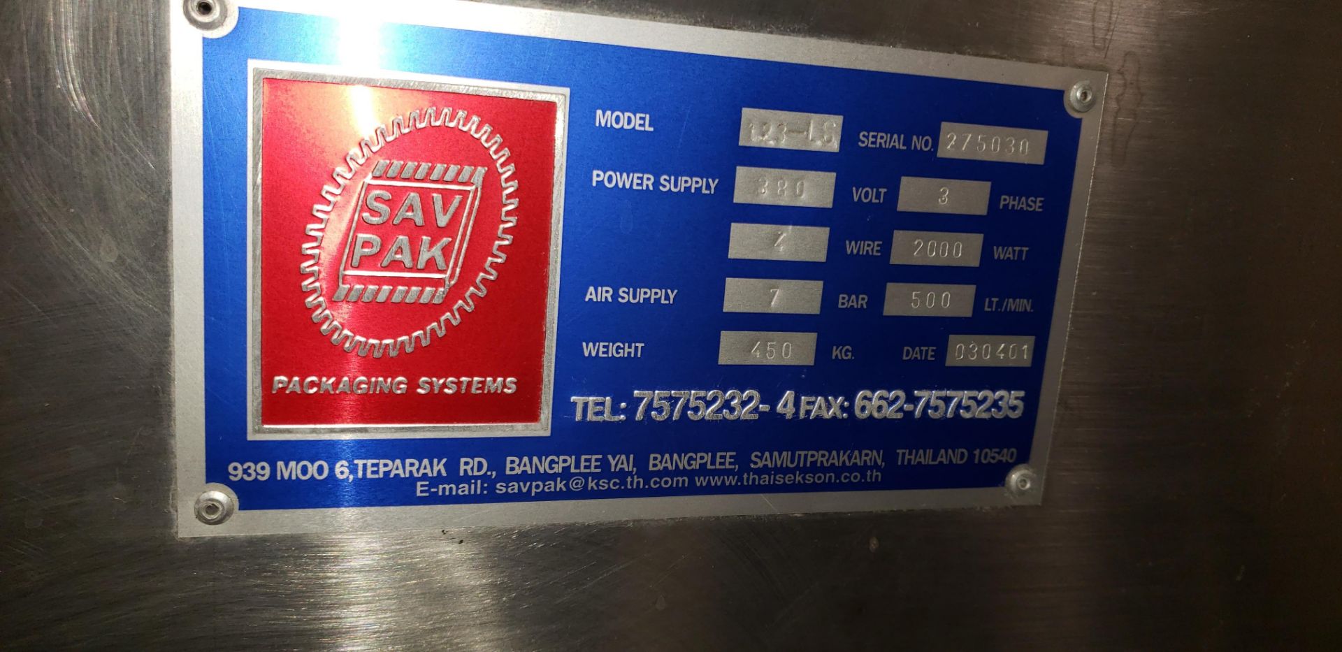 SAVPAK VERTICAL FORM FILL & SEAL MACHINE 4 sided seal Model 120-LS Serial 275060 380 V 3phase 7 - Image 22 of 22