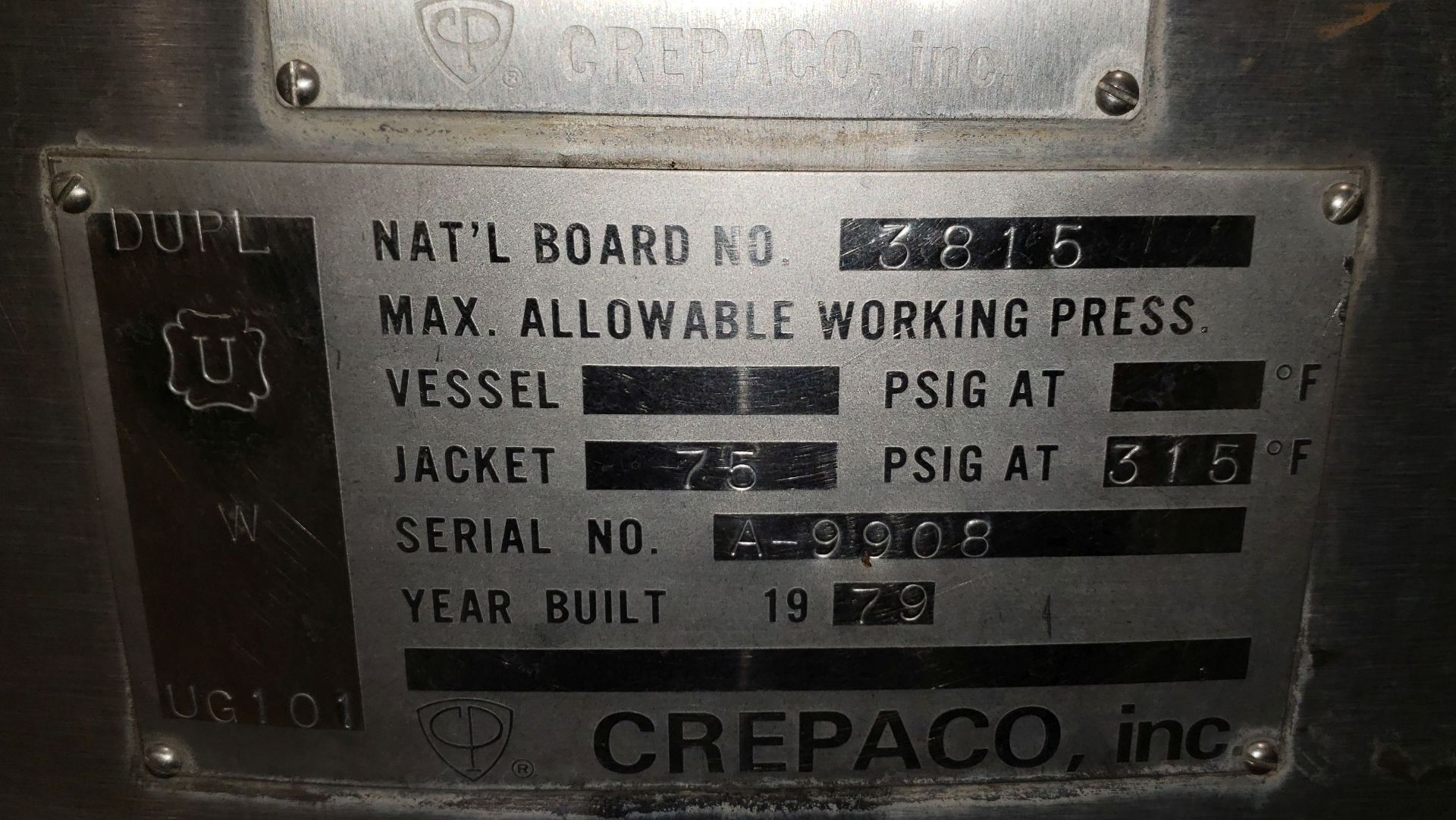 CREPACO Stainless Steel Processing Tank National Board #3815 jacket 75 PSIG at 315 degrees F - Image 2 of 18